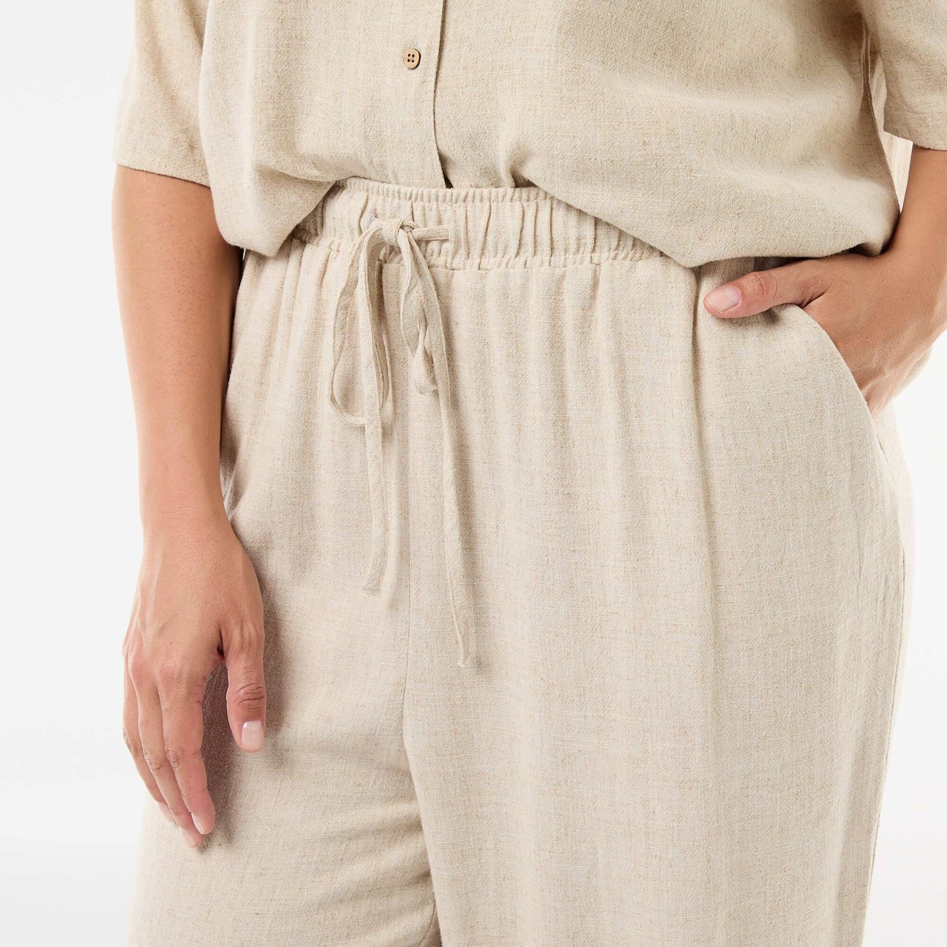 Pantalon uni en lin mélangé BEIGE