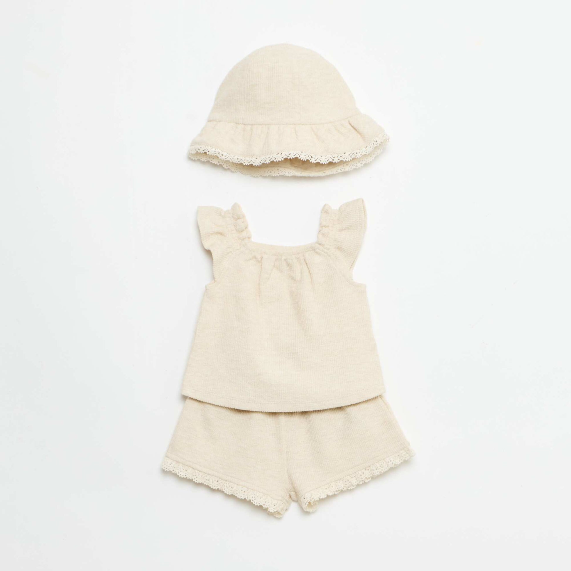 Ensemble 3 pièces en maille côtelée - short + T-shirt + bob BEIGE