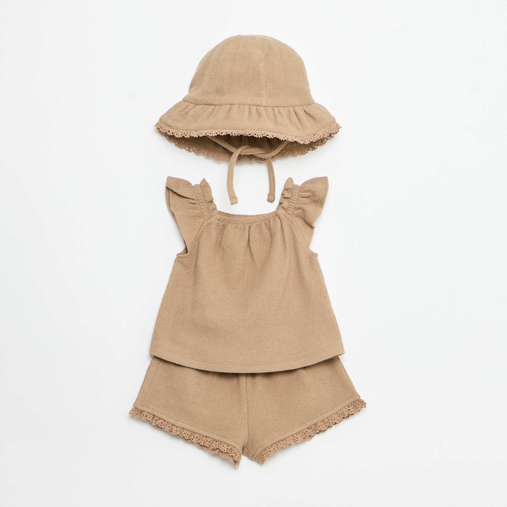 Ensemble 3 pièces en maille côtelée - short + T-shirt + bob MARRON