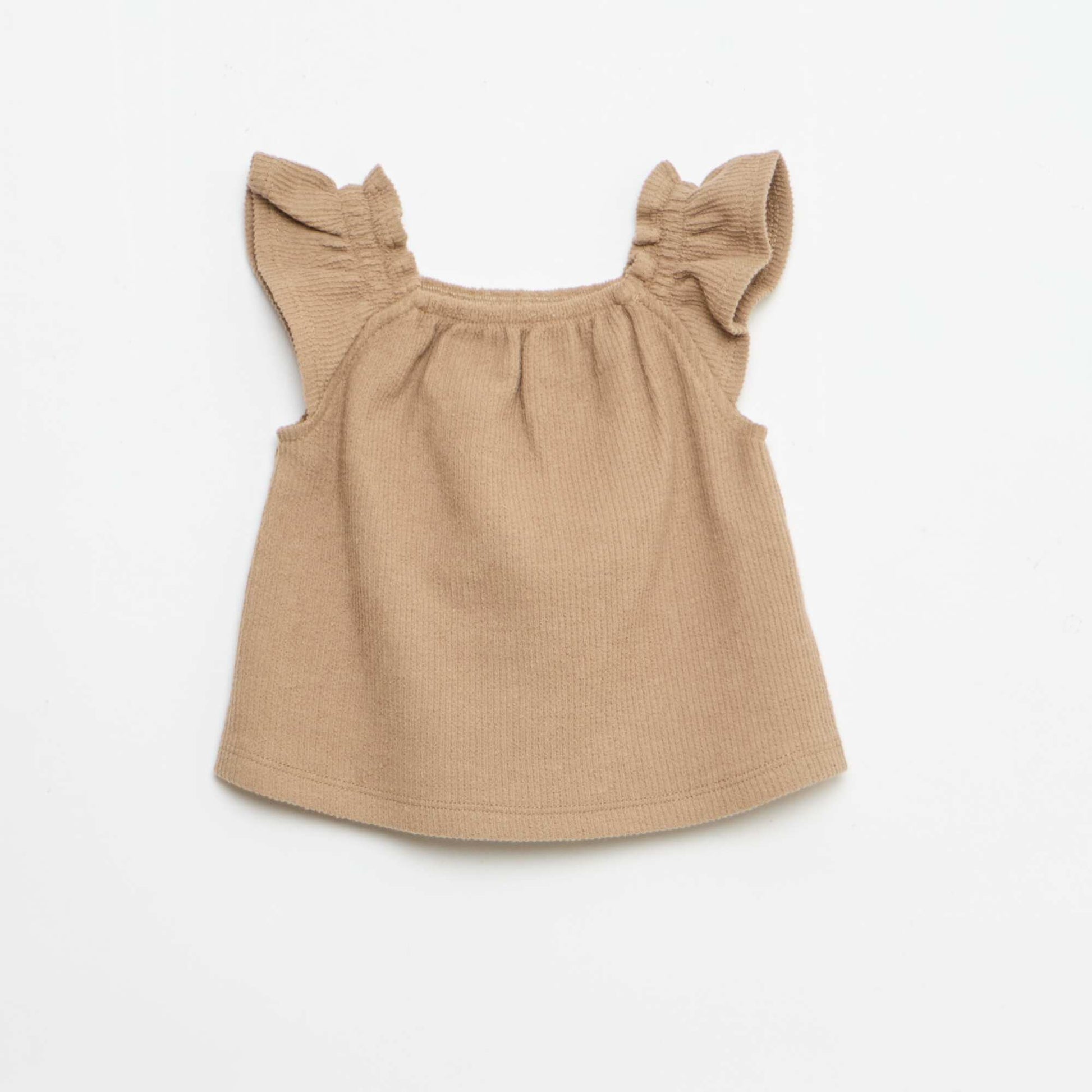 Ensemble 3 pièces en maille côtelée - short + T-shirt + bob MARRON