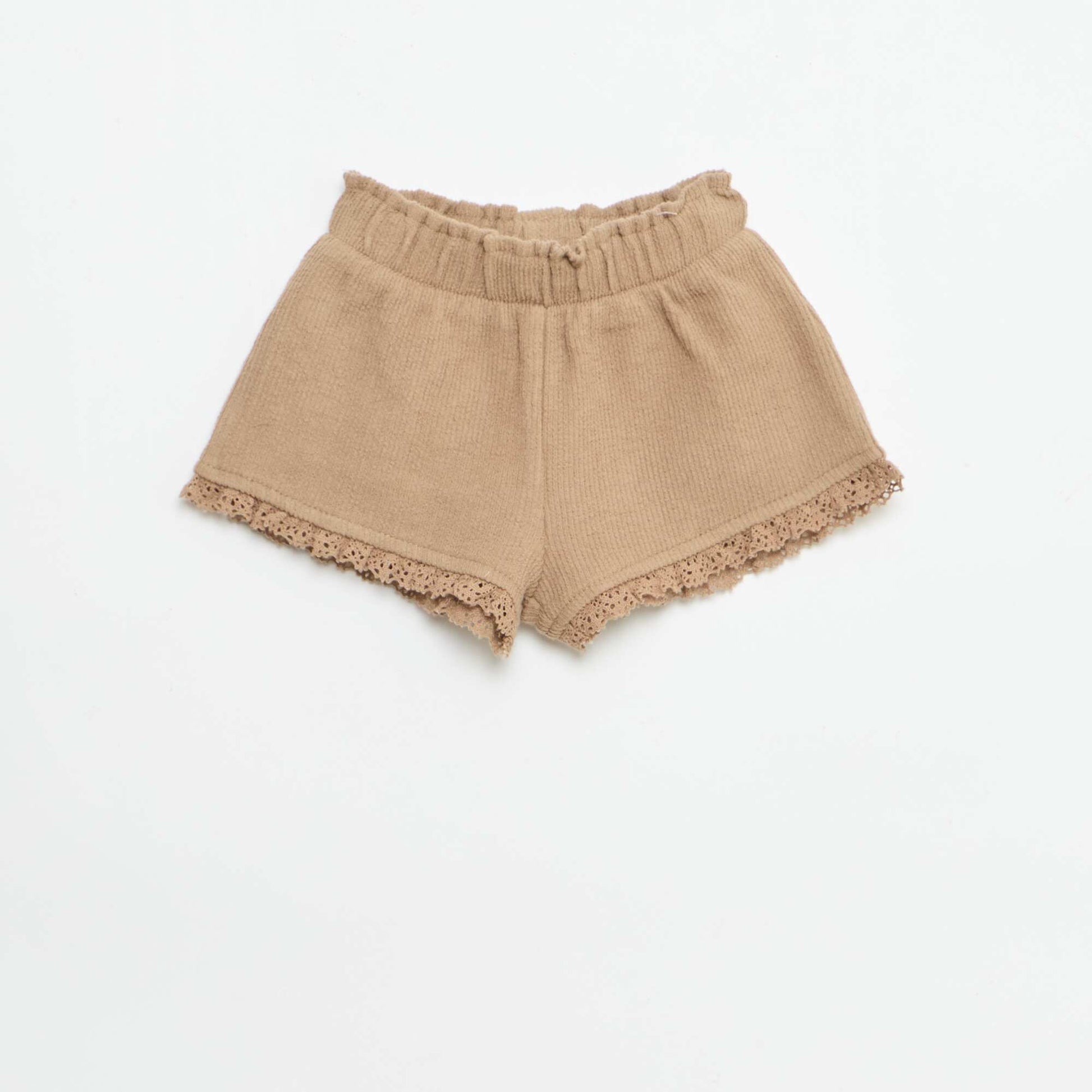 Ensemble 3 pièces en maille côtelée -  short + T-shirt + bob MARRON