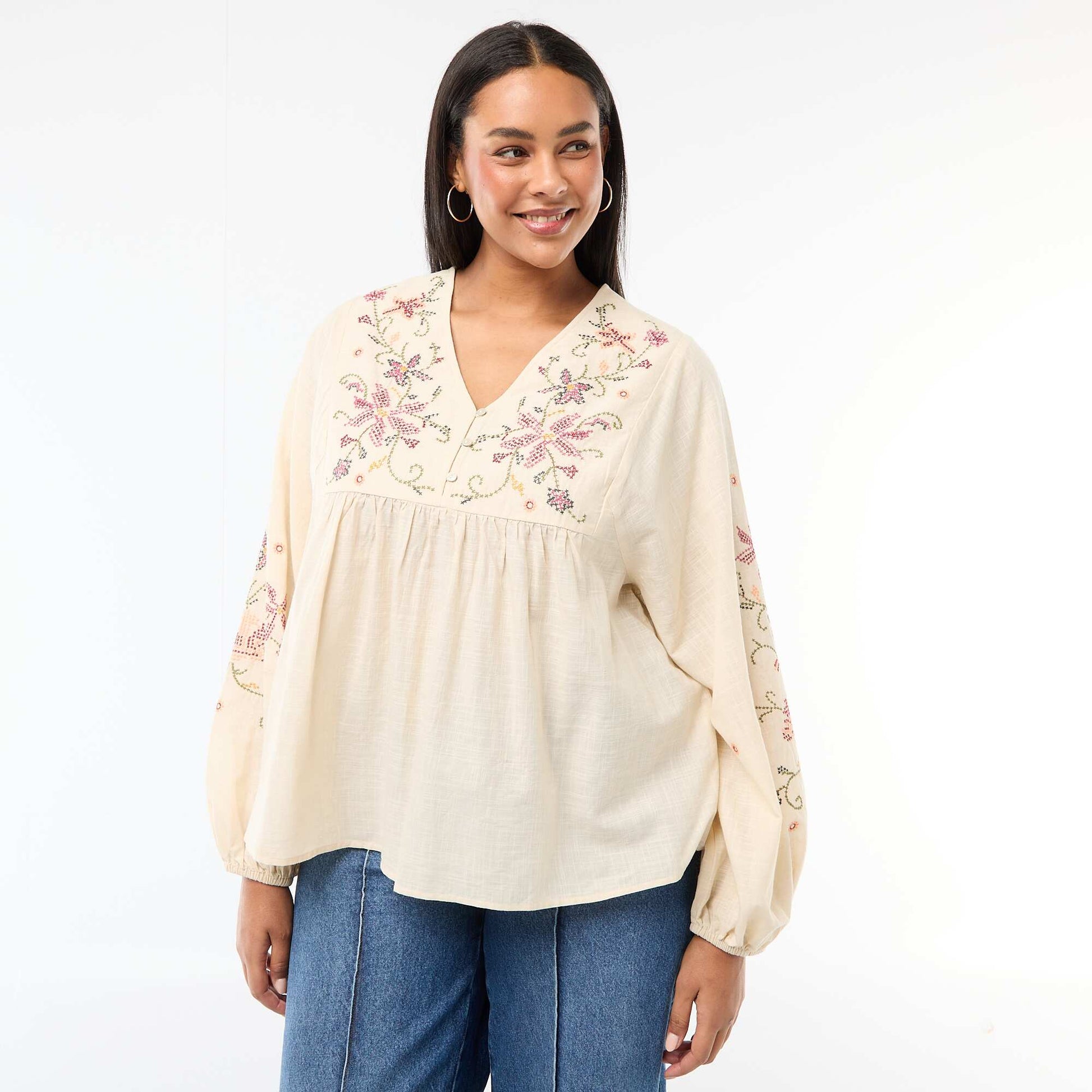 Blouse brodée à fleurs BEIGE