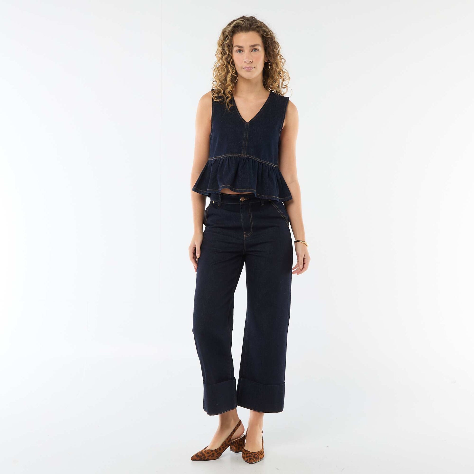 Jean taille haute avec revers en bas BLEU
