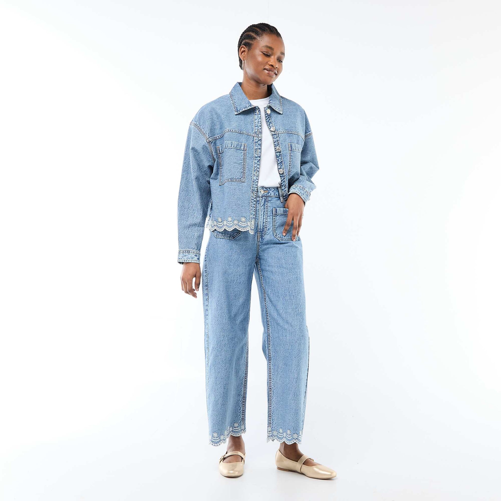 Veste denim boutonnée avec broderie en coton uni BLEU