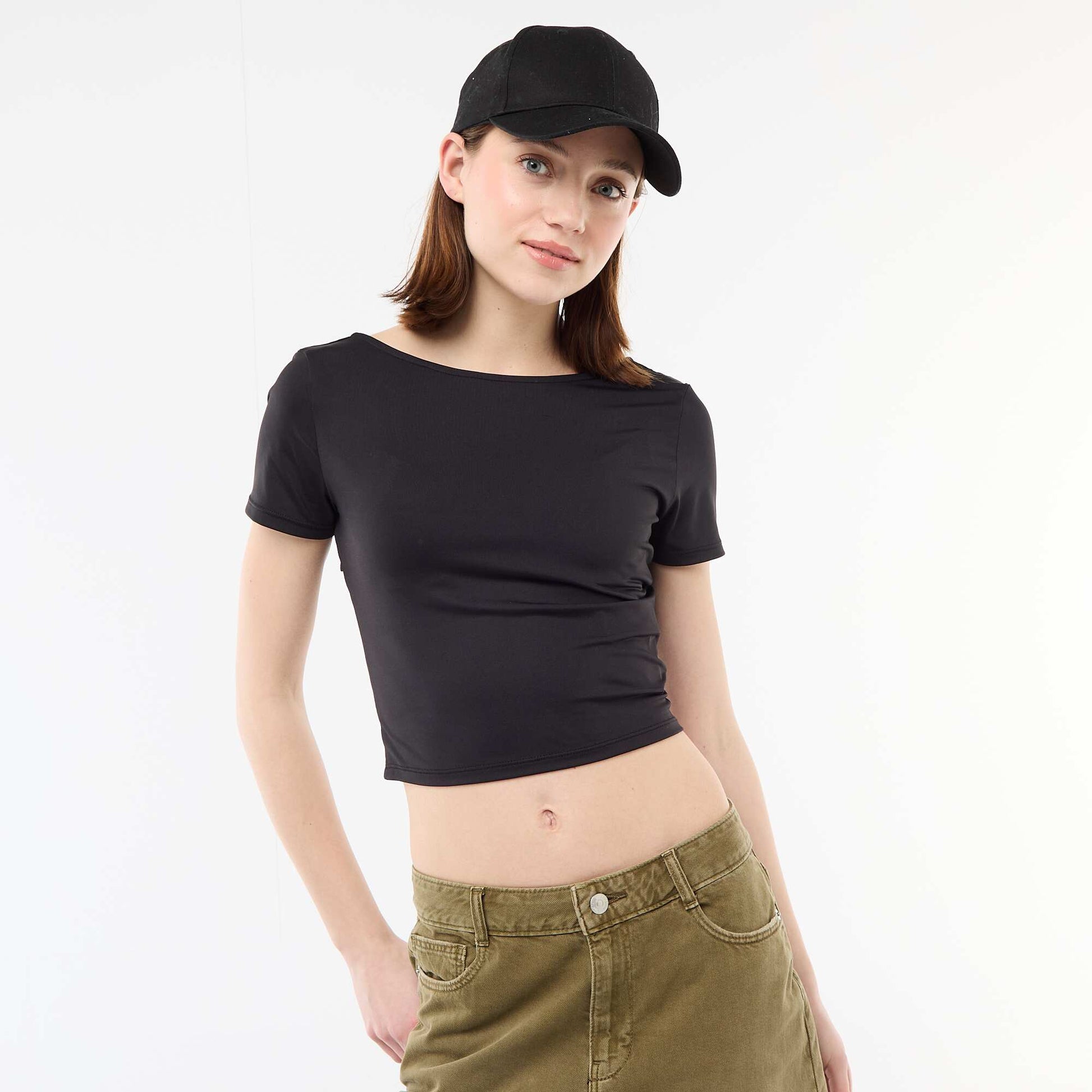 Tee-shirt cropped décolleté carré au dos NOIR