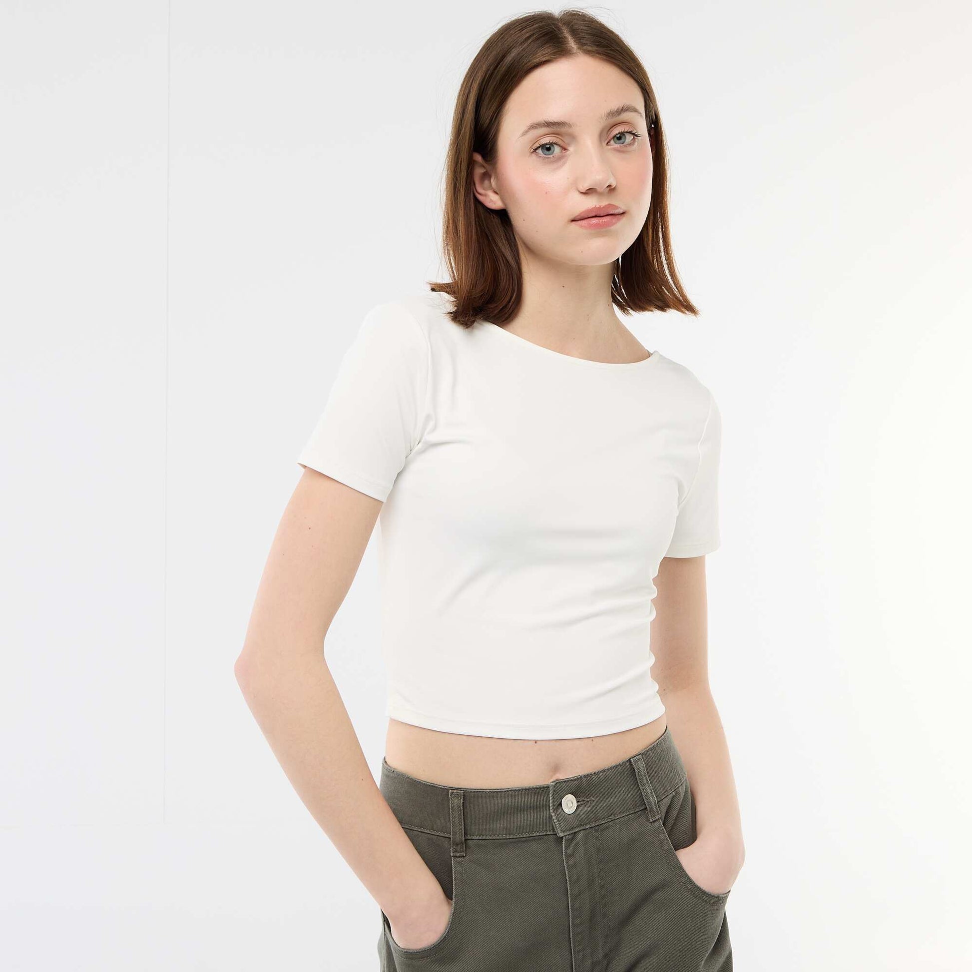 Tee-shirt cropped décolleté carré au dos BLANC