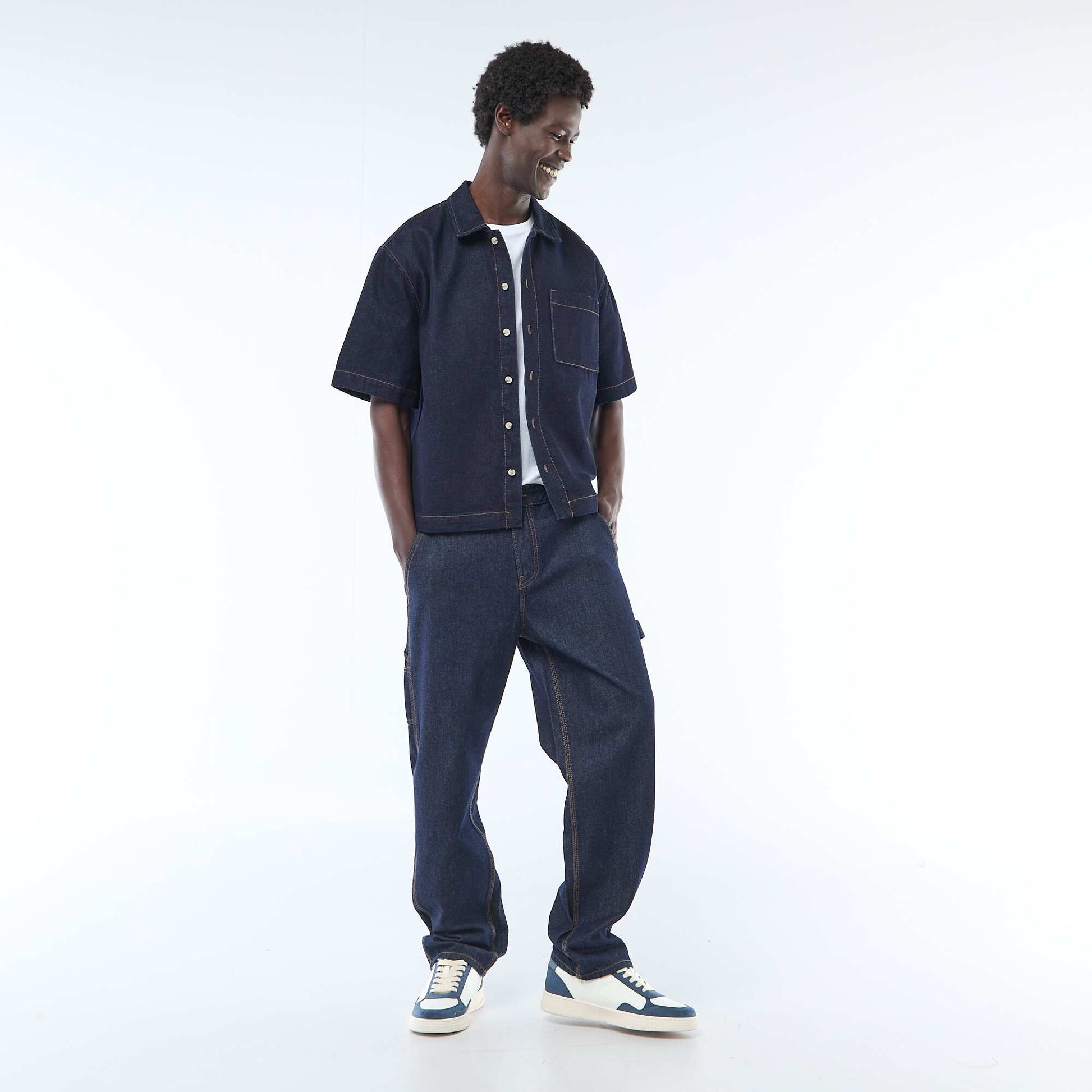 Chemise unie en jean à manches courtes BLEU