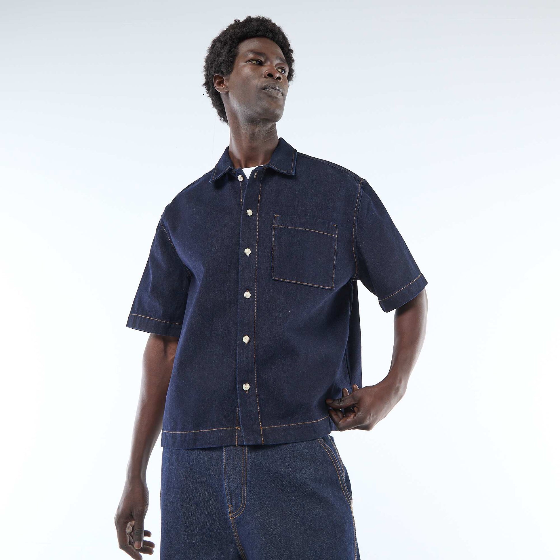 Chemise unie en jean à manches courtes BLEU