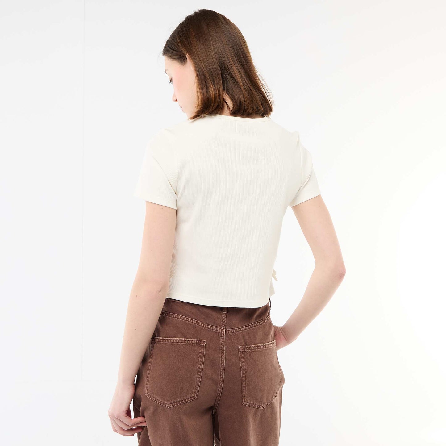 Tee-shirt cropped côtelé avec noeuds BLANC