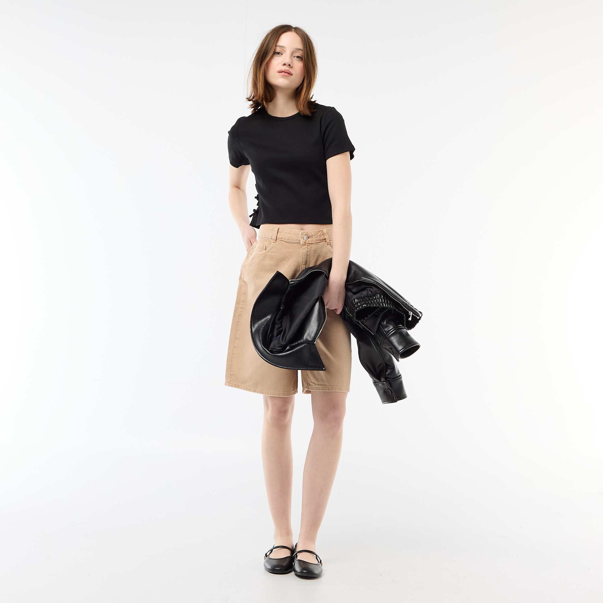 Tee-shirt cropped côtelé avec noeuds NOIR