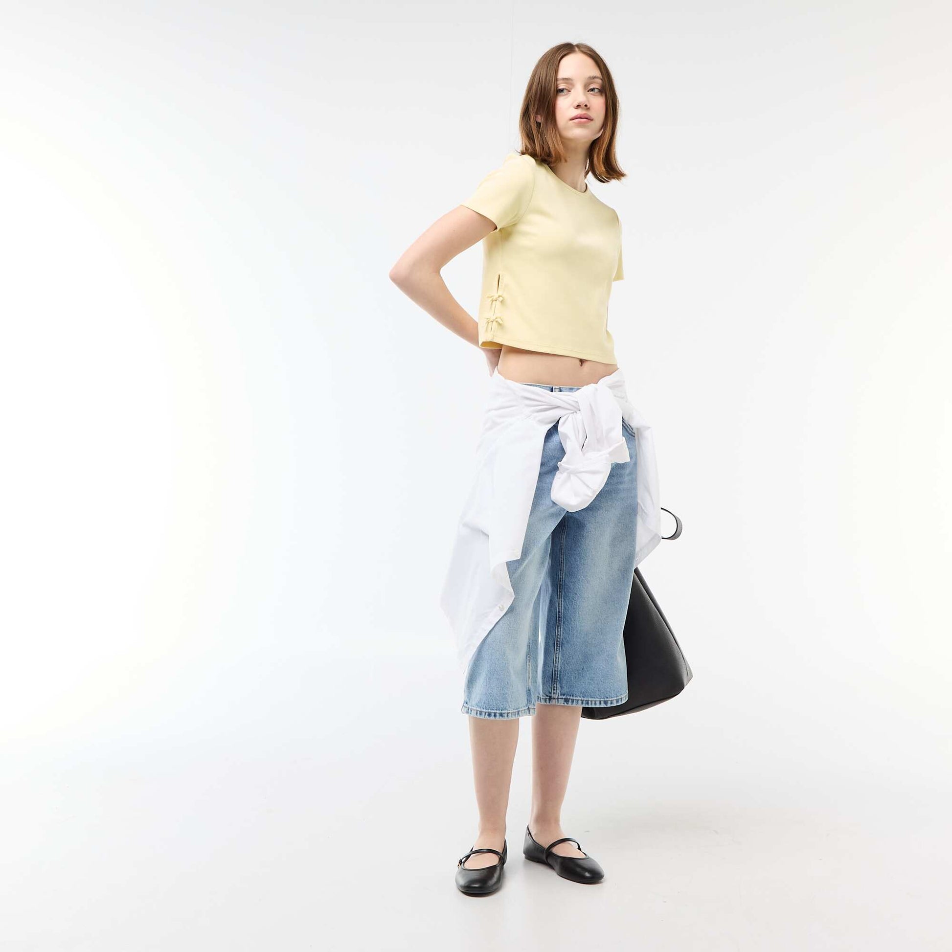 Tee-shirt cropped côtelé avec noeuds JAUNE