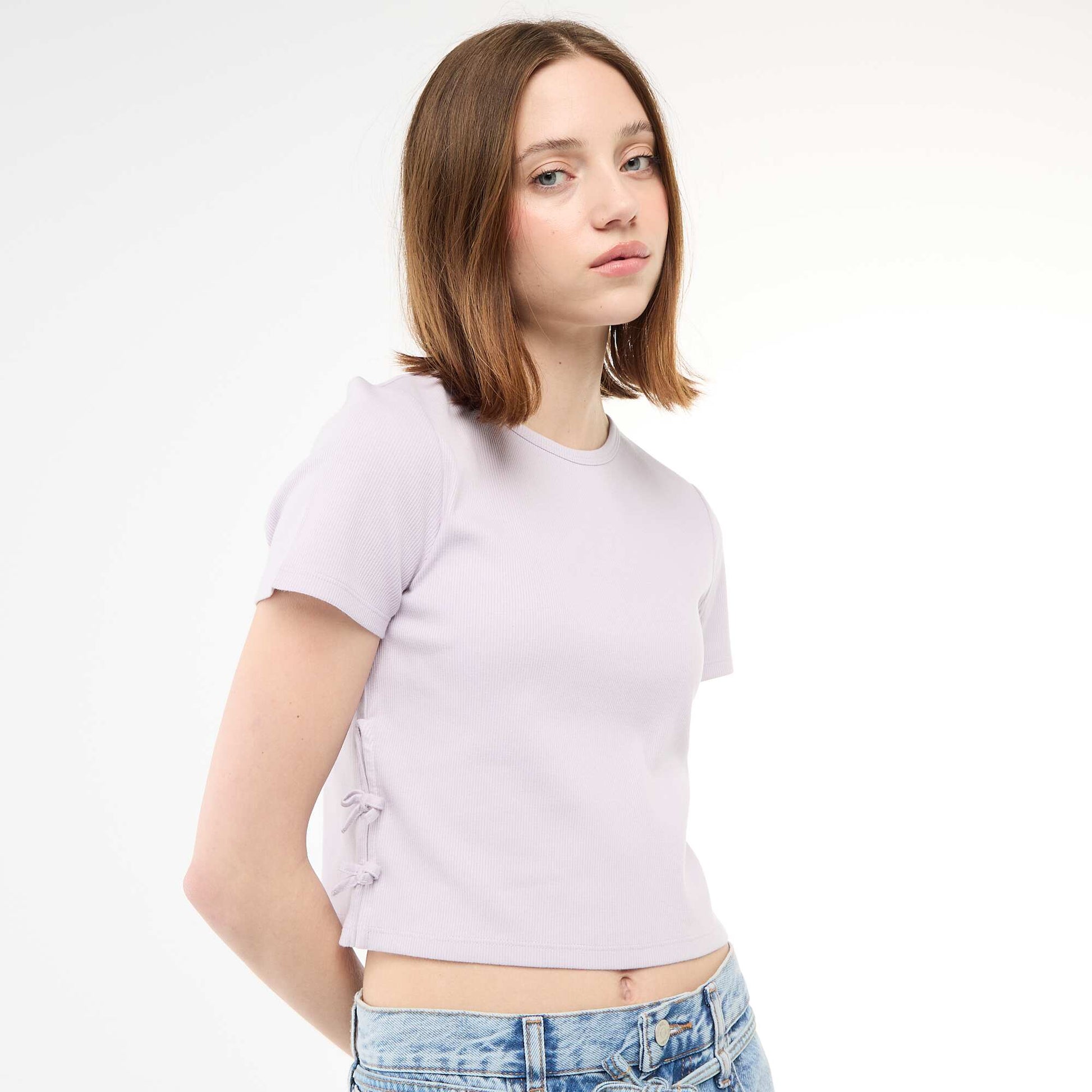Tee-shirt cropped côtelé avec noeuds VIOLET
