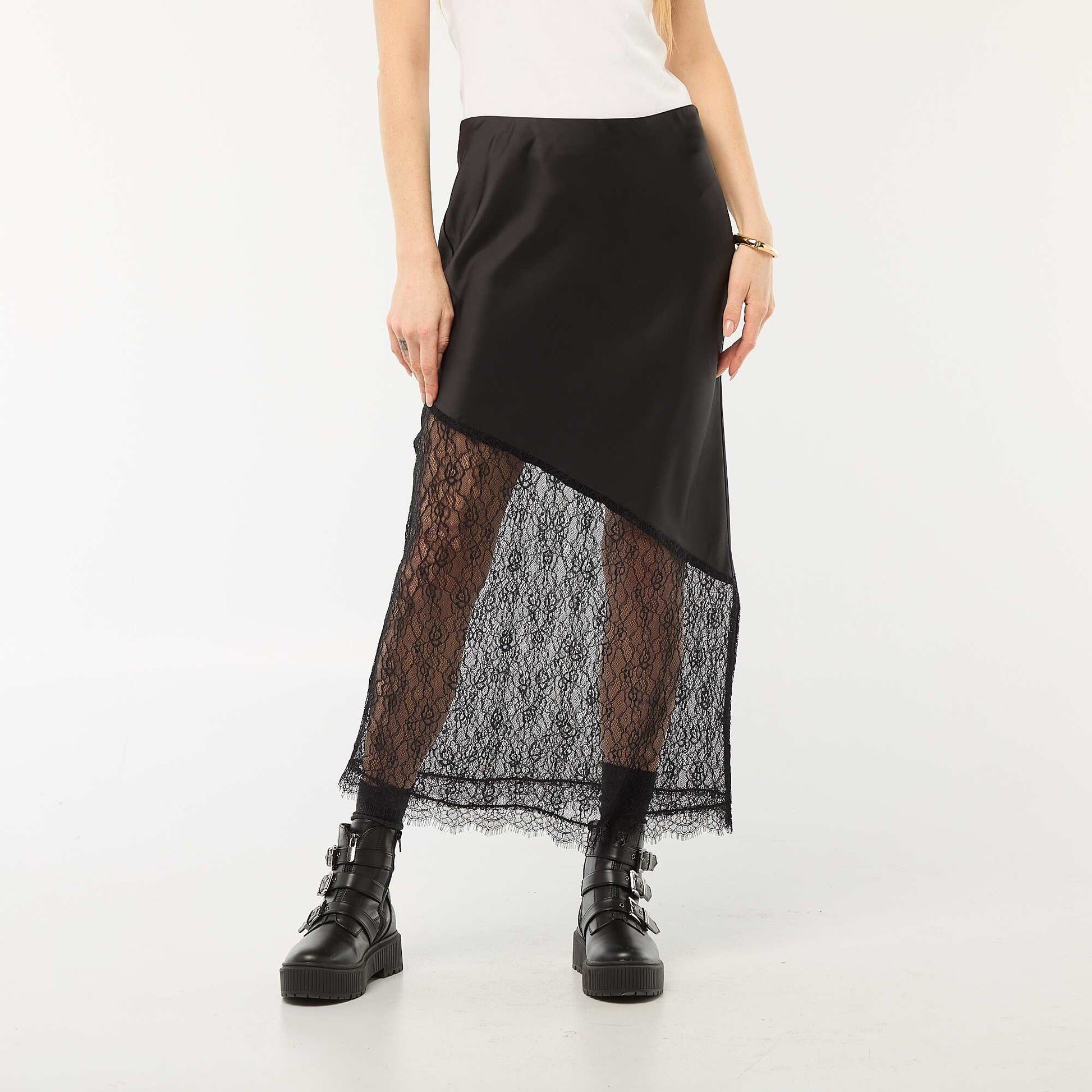 Jupe bi-matière satin et dentelle NOIR