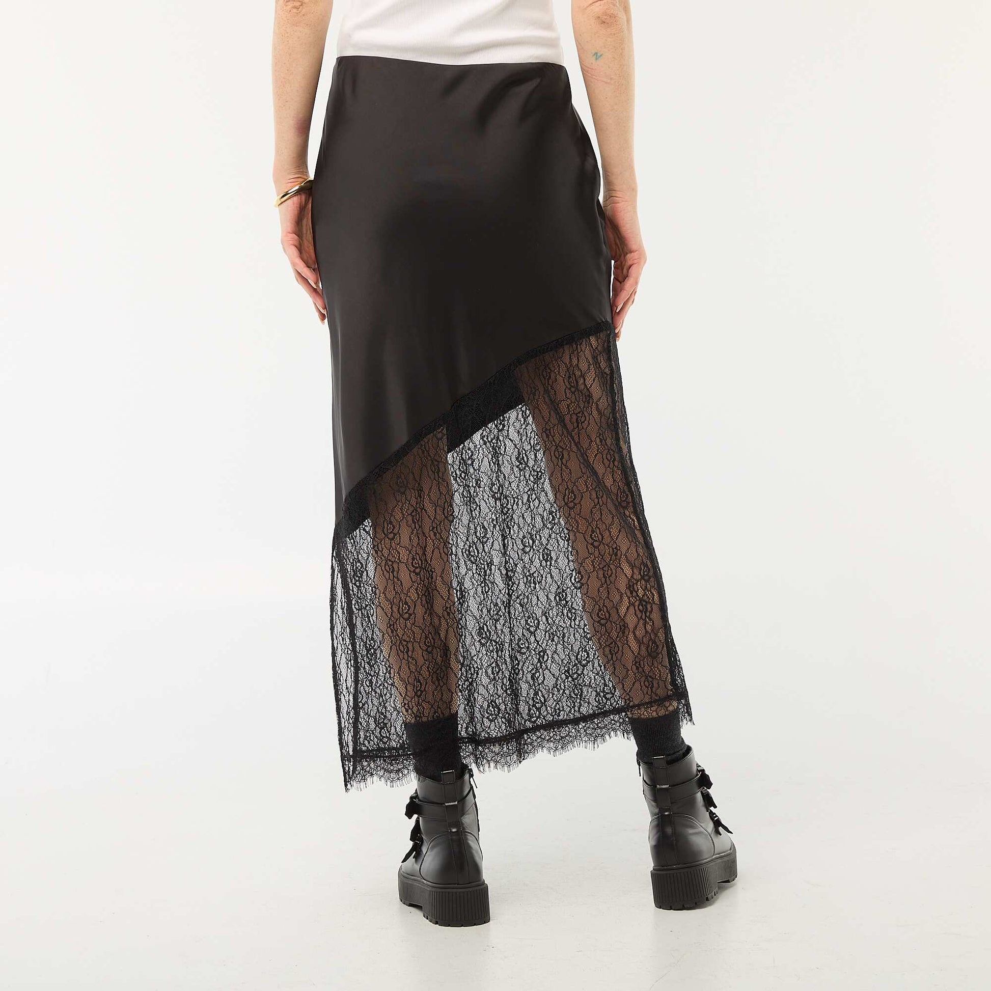 Jupe bi-matière satin et dentelle NOIR