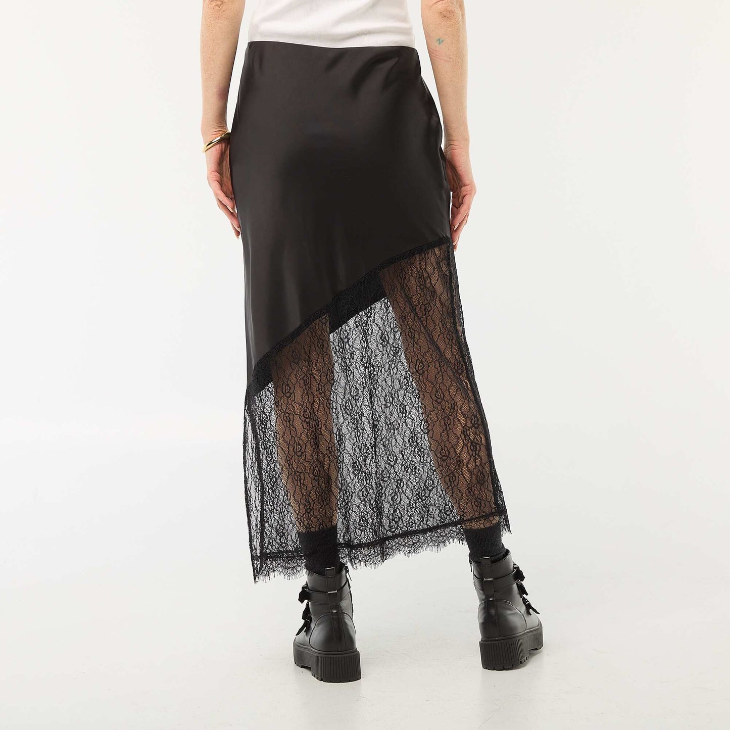 Jupe bi-matière satin et dentelle NOIR