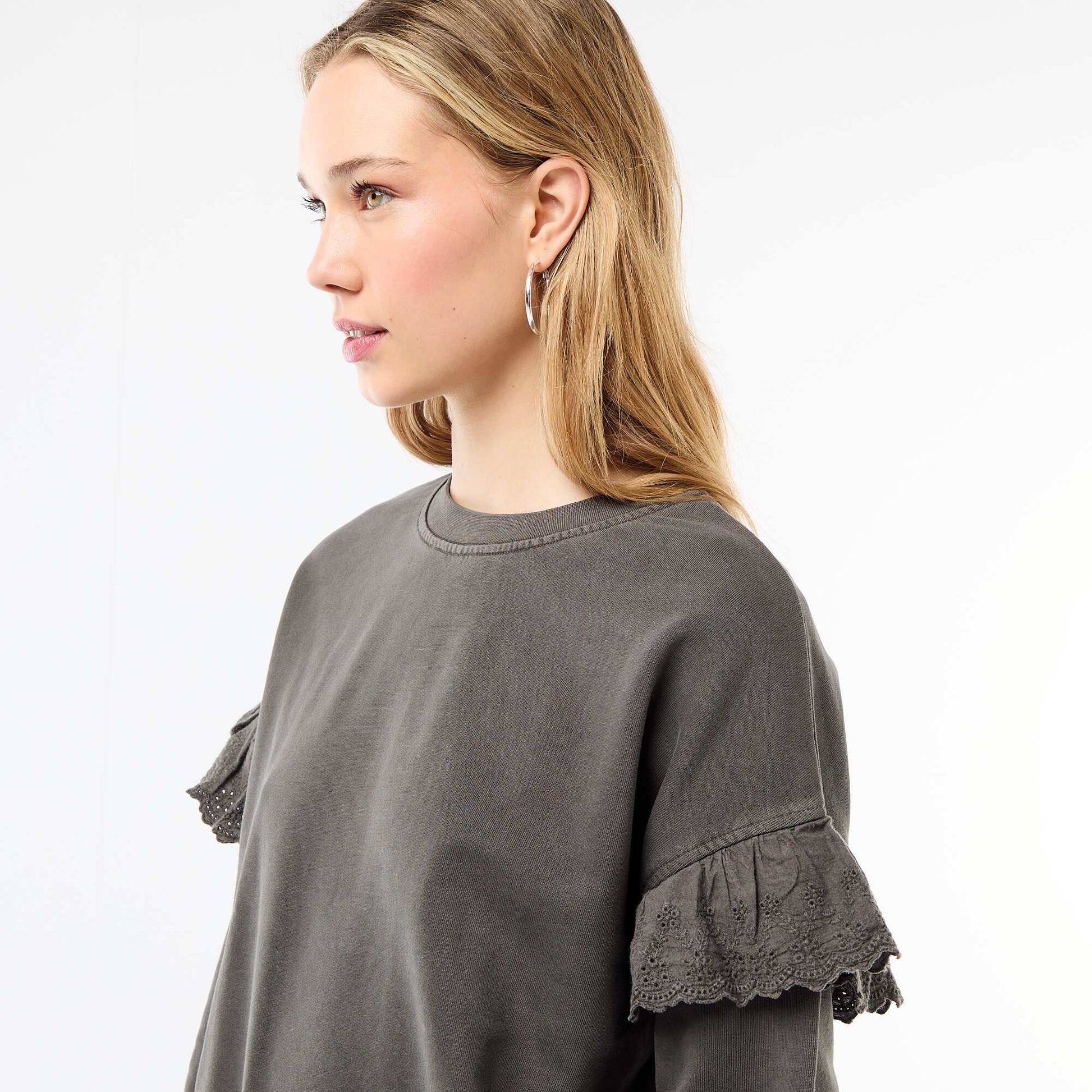 Sweat uni avec volants en borderies anglaises sur les manches GRIS