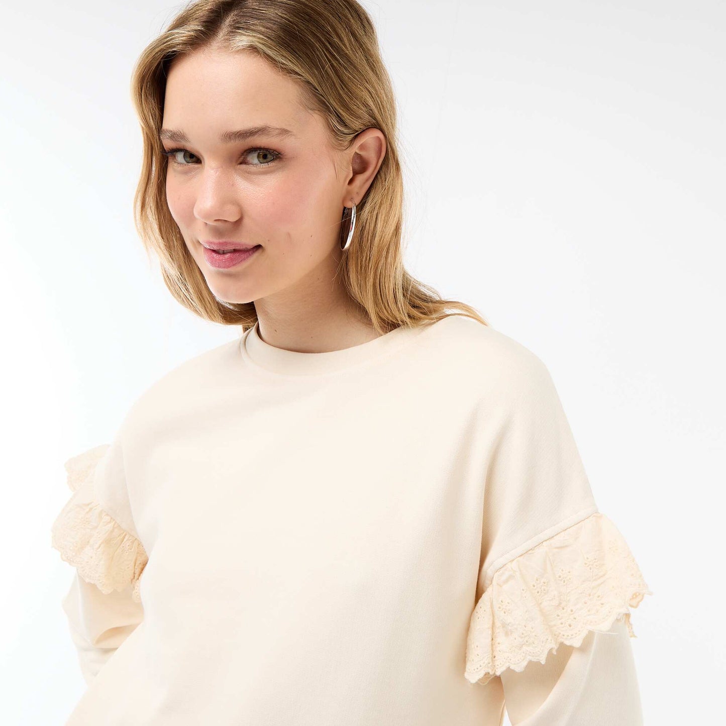 Sweat uni avec volants en borderies anglaises sur les manches BLANC