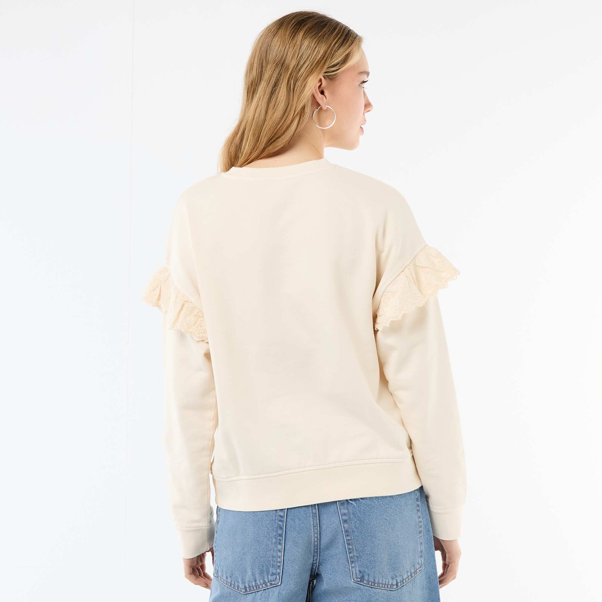 Sweat uni avec volants en borderies anglaises sur les manches BLANC
