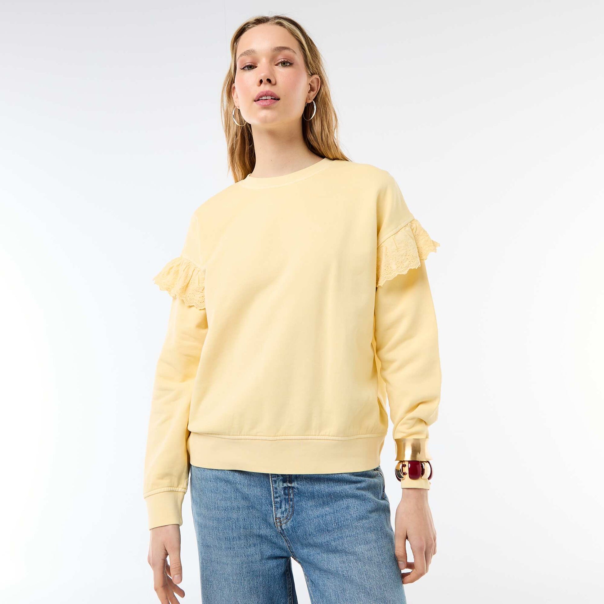 Sweat uni avec volants en borderies anglaises sur les manches JAUNE