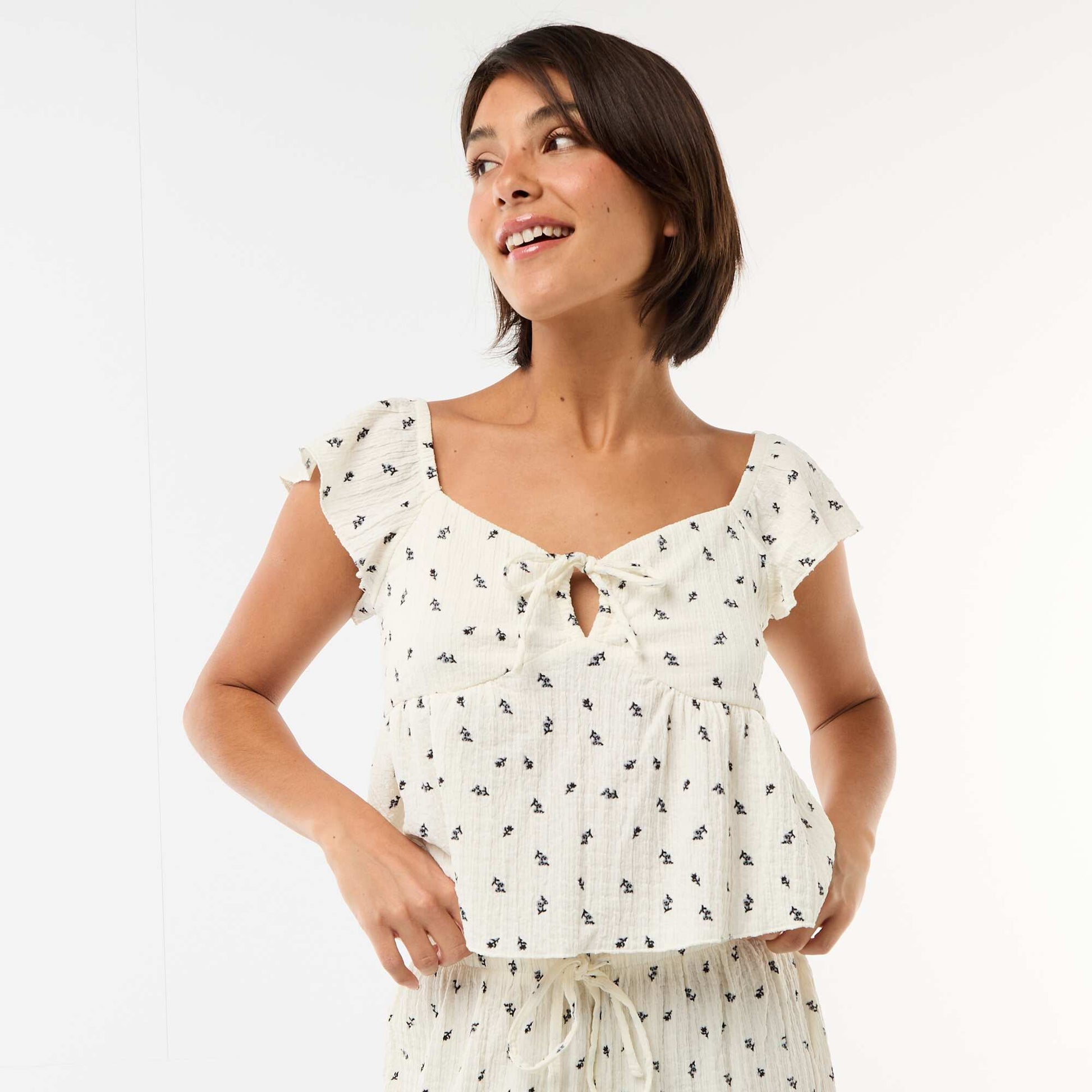 Top imprimé en maille crinkle BLANC