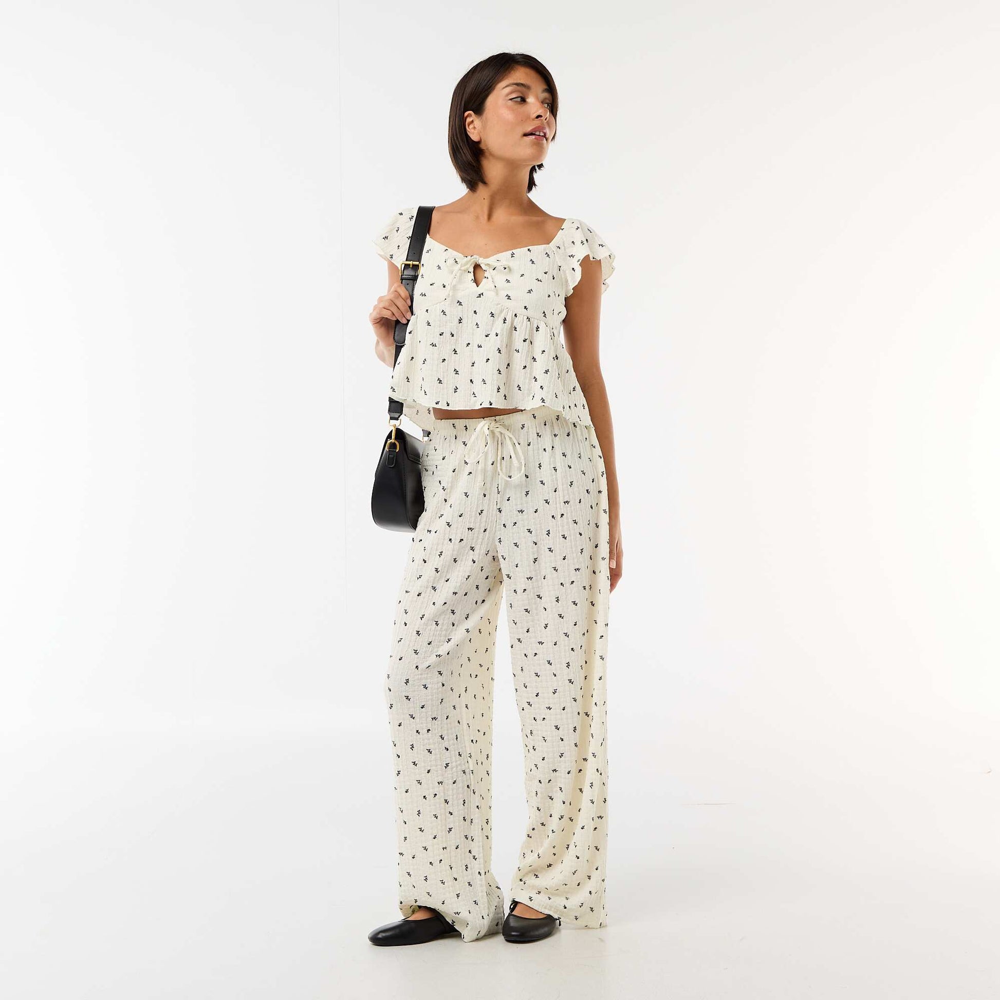 Top imprimé en maille crinkle BLANC