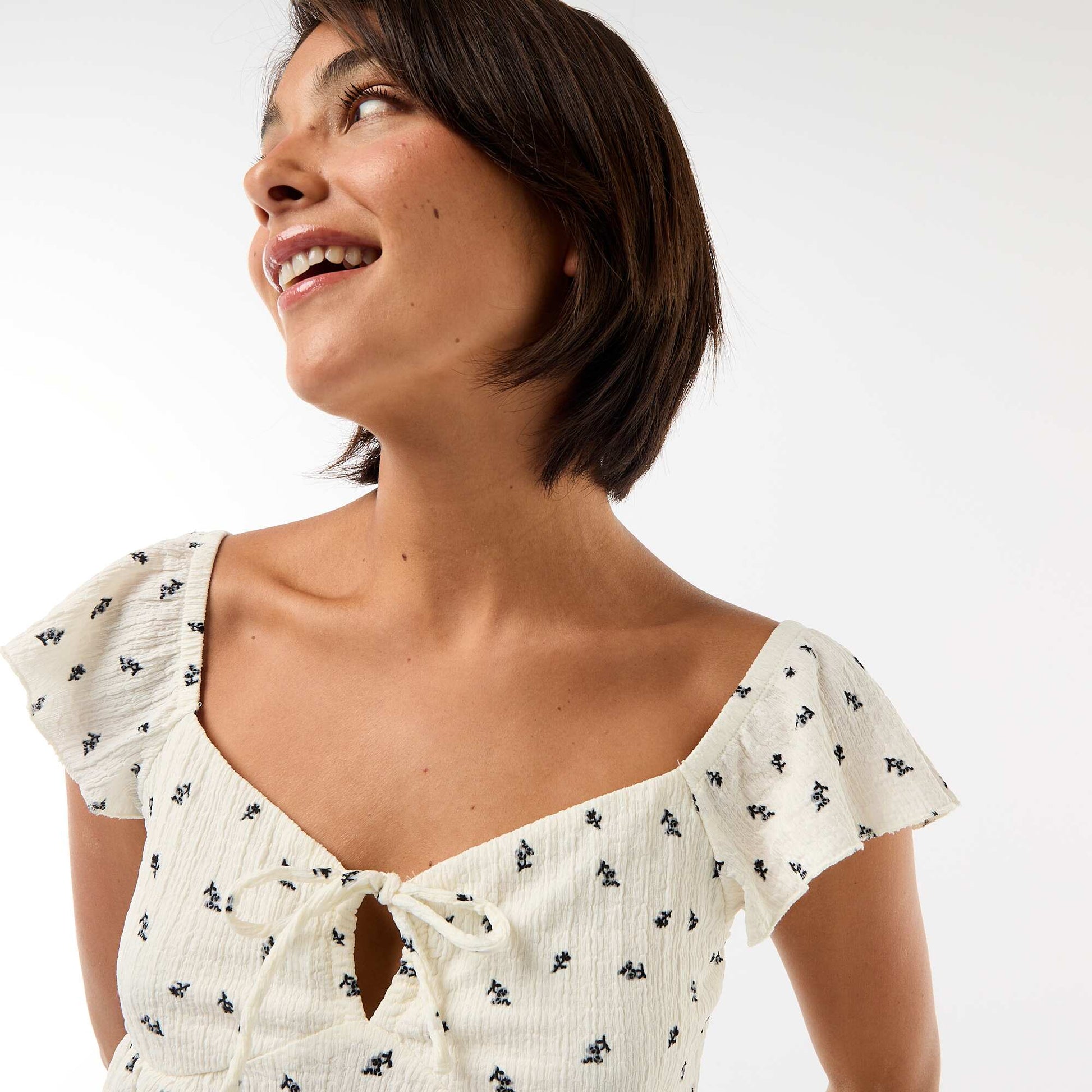Top imprimé en maille crinkle BLANC