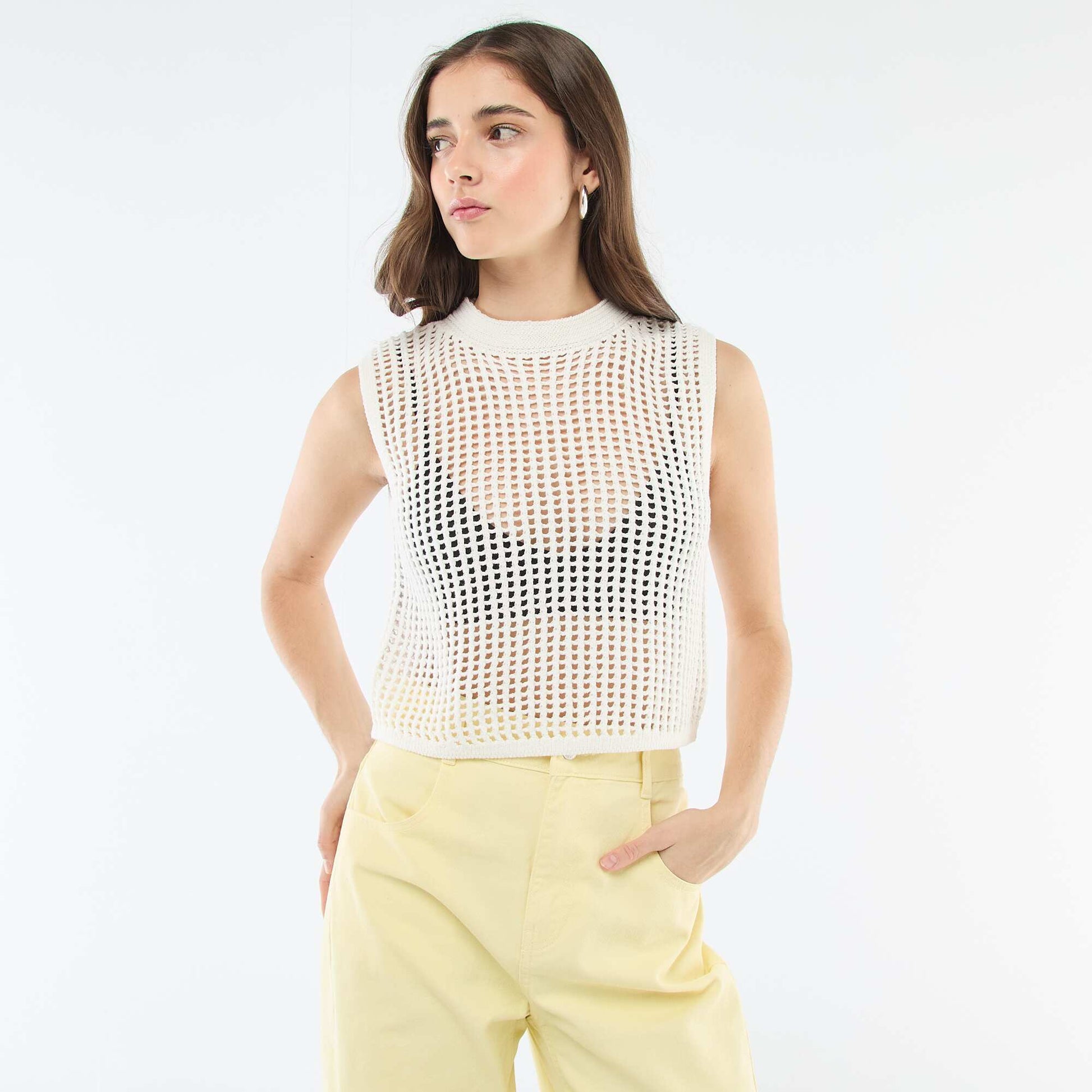 Top sans manches en crochet BLANC