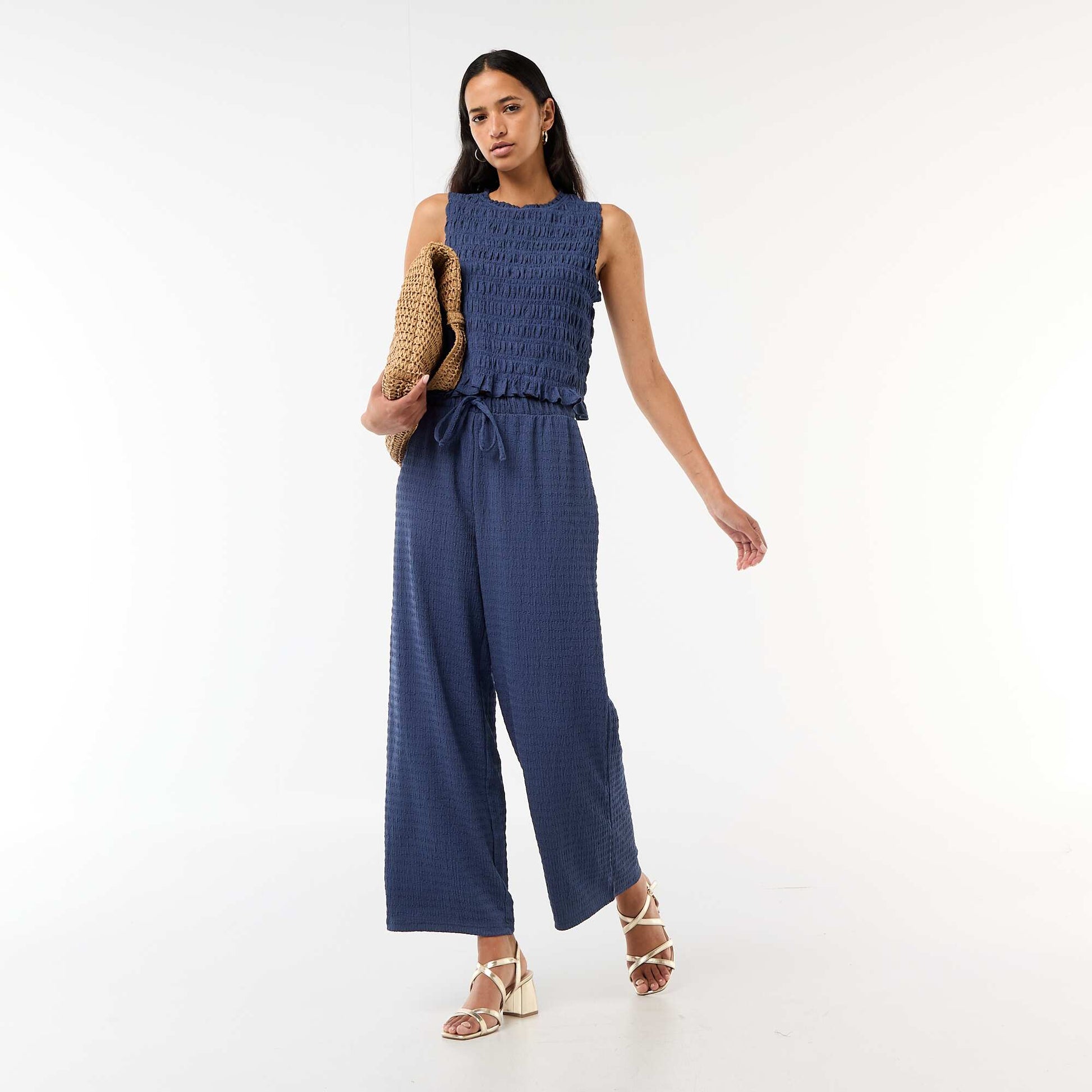 Pantalon large ne maille smockée BLEU