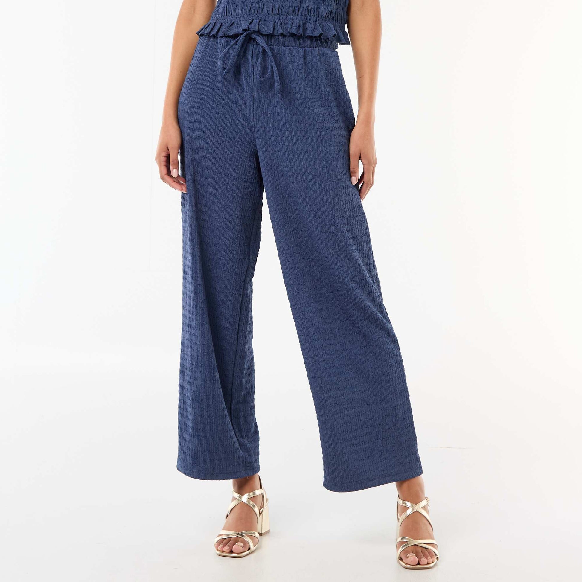 Pantalon large ne maille smockée BLEU