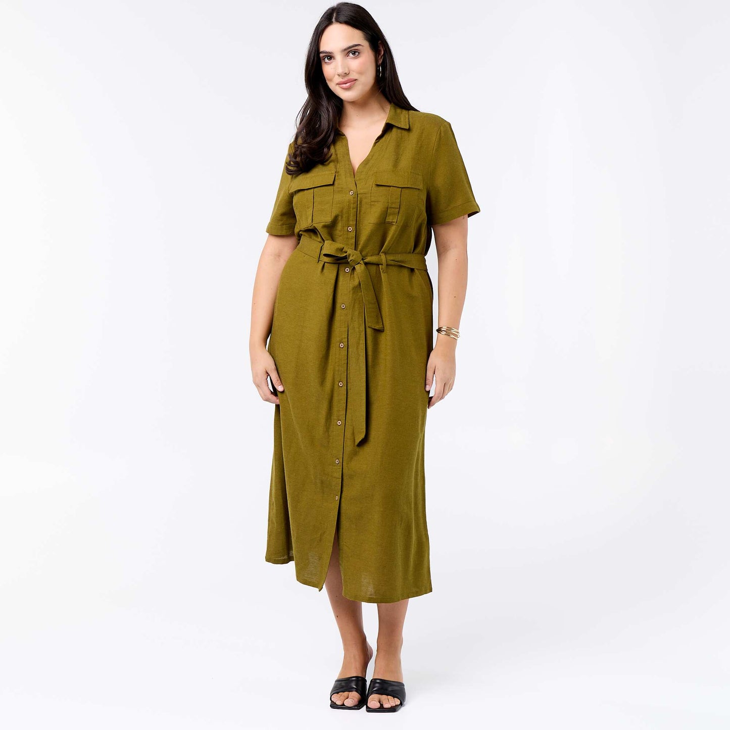 Robe chemise longue avec ceinture à nouer VERT