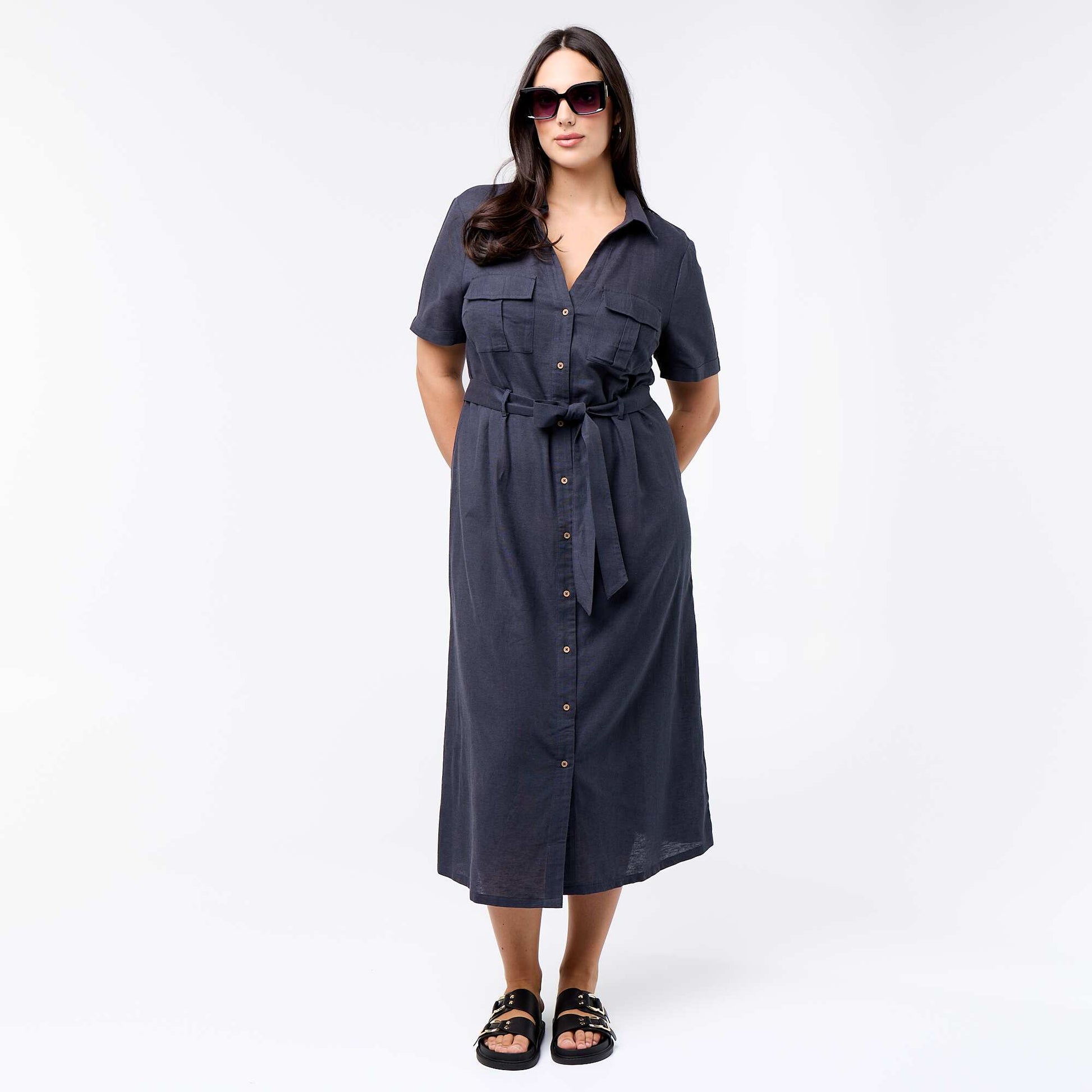 Robe chemise longue avec ceinture à nouer BLEU