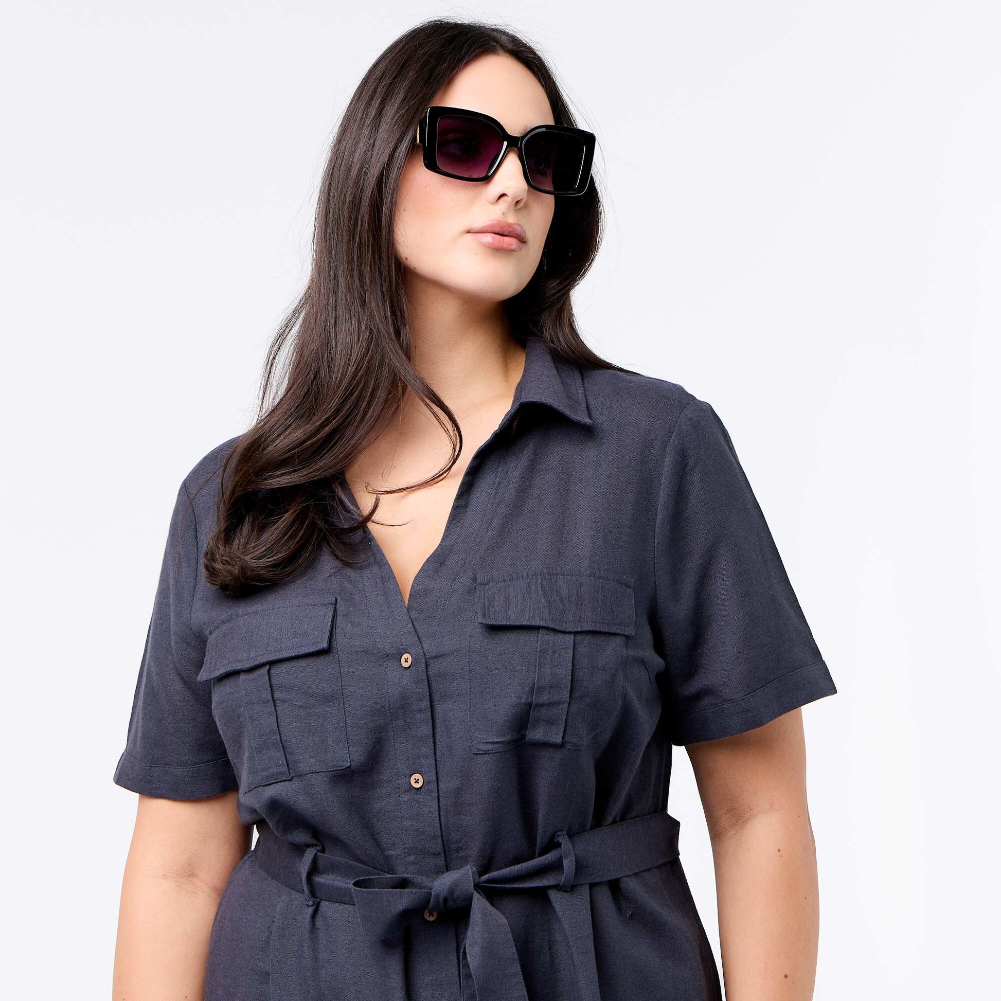 Robe chemise longue avec ceinture à nouer BLEU