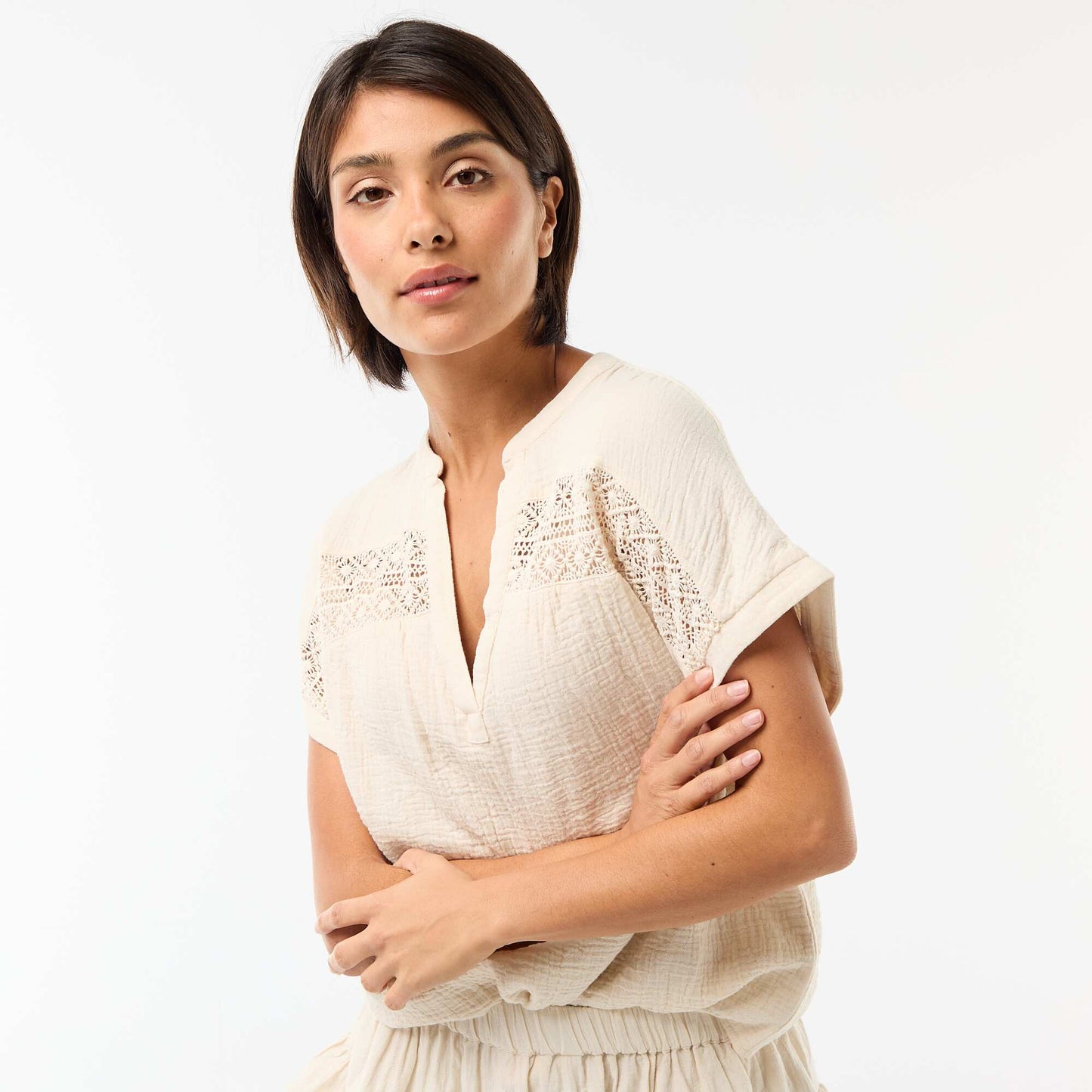 Blouse en double gaze de coton avec broderies BLANC