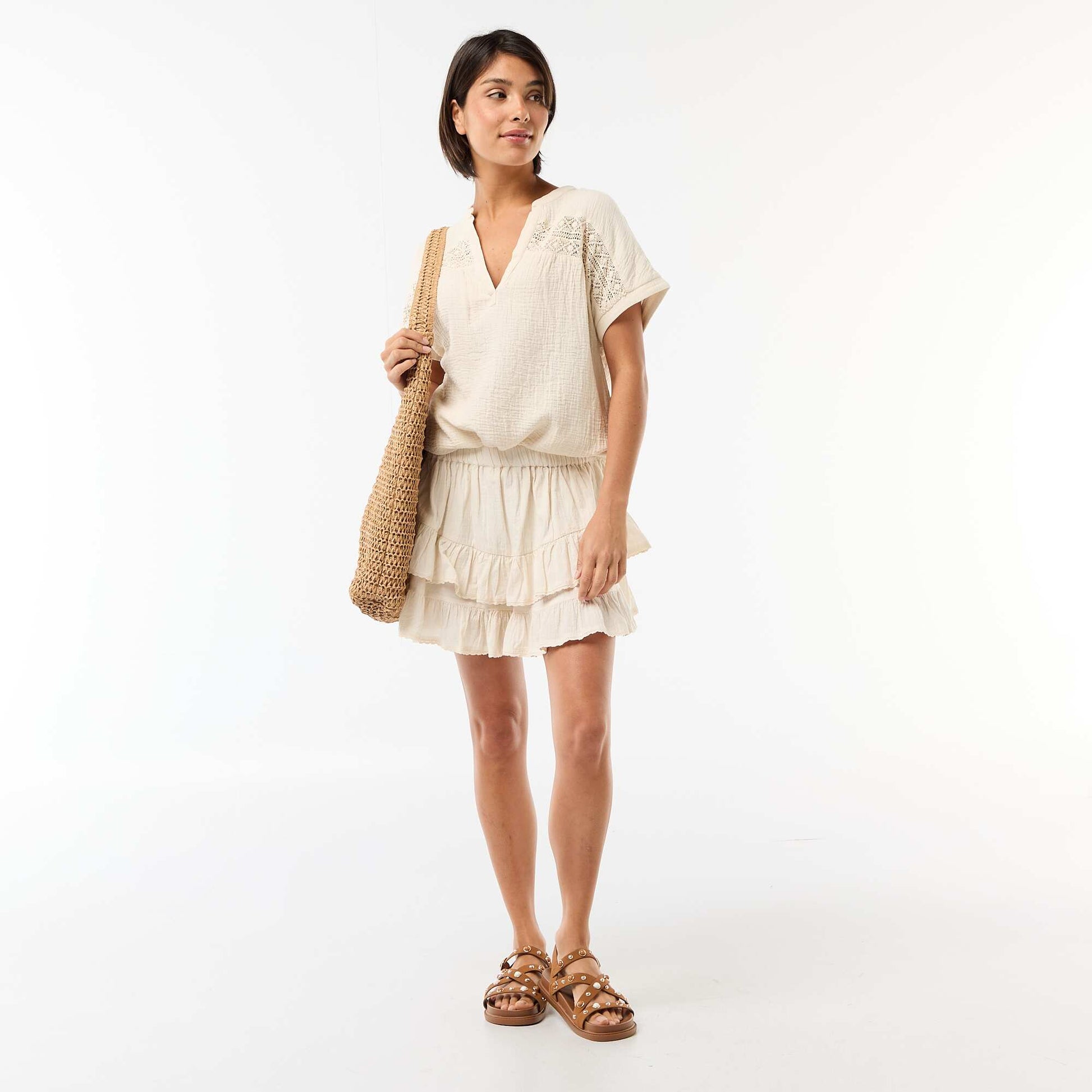 Blouse en double gaze de coton avec broderies BLANC