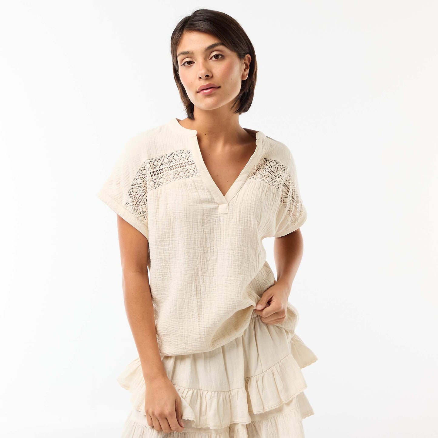 Blouse en double gaze de coton avec broderies BLANC
