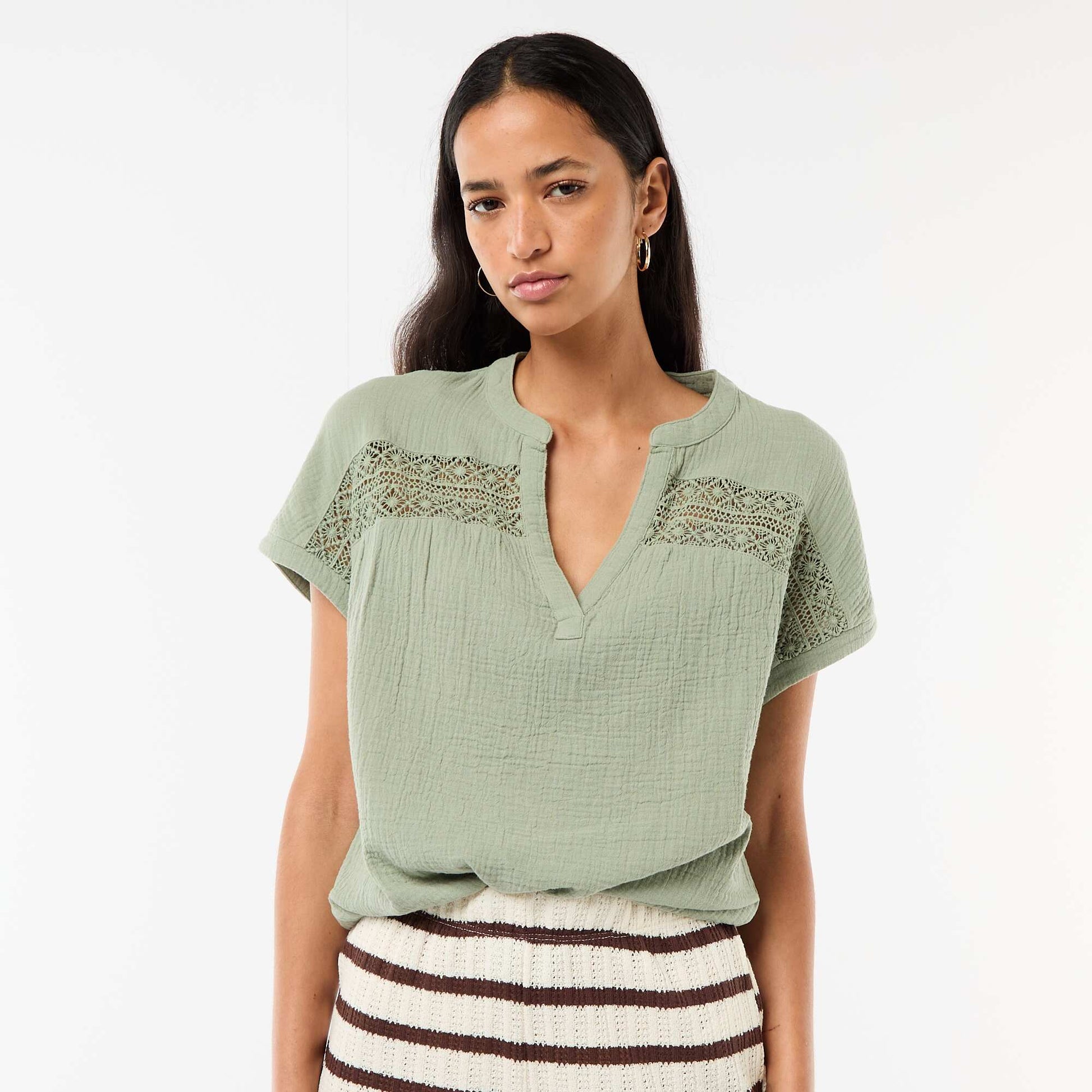 Blouse en double gaze de coton avec broderies BLEU