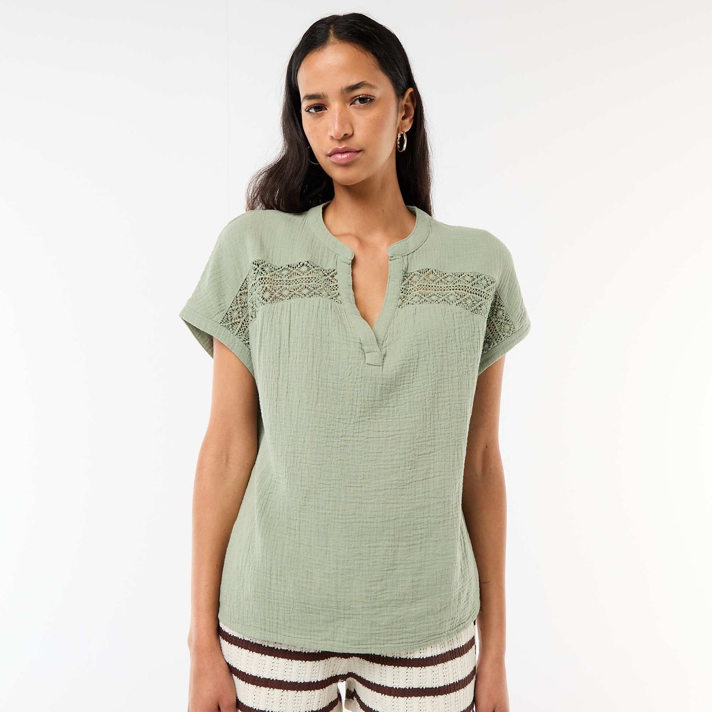 Blouse en double gaze de coton avec broderies BLEU