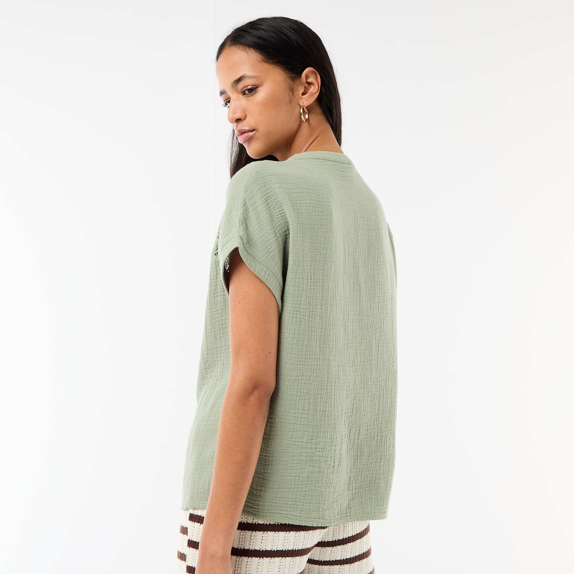 Blouse en double gaze de coton avec broderies BLEU