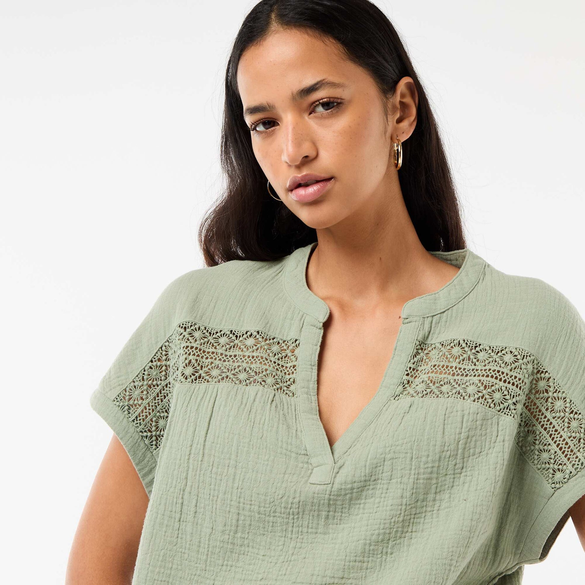 Blouse en double gaze de coton avec broderies BLEU
