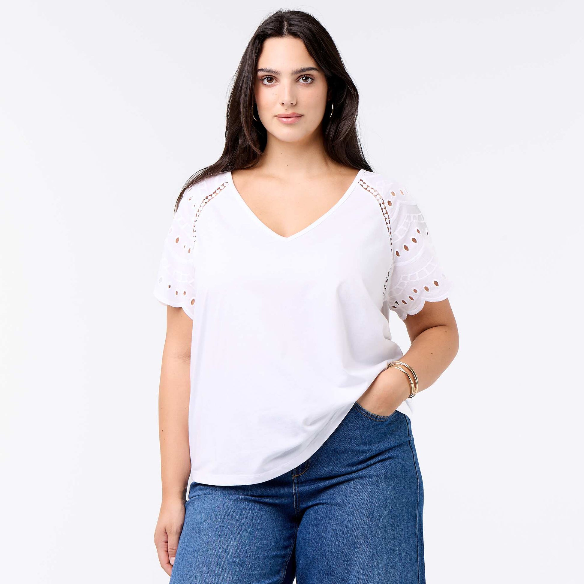 Tee-shirt uni avec broderies sur les manches BLANC