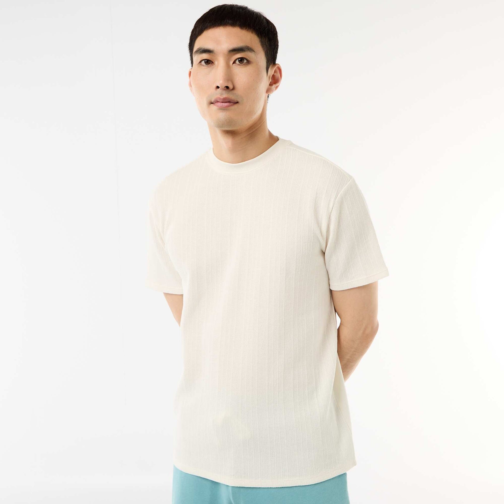 T-shirt uni à manches courtes en maille fantaisie BLANC