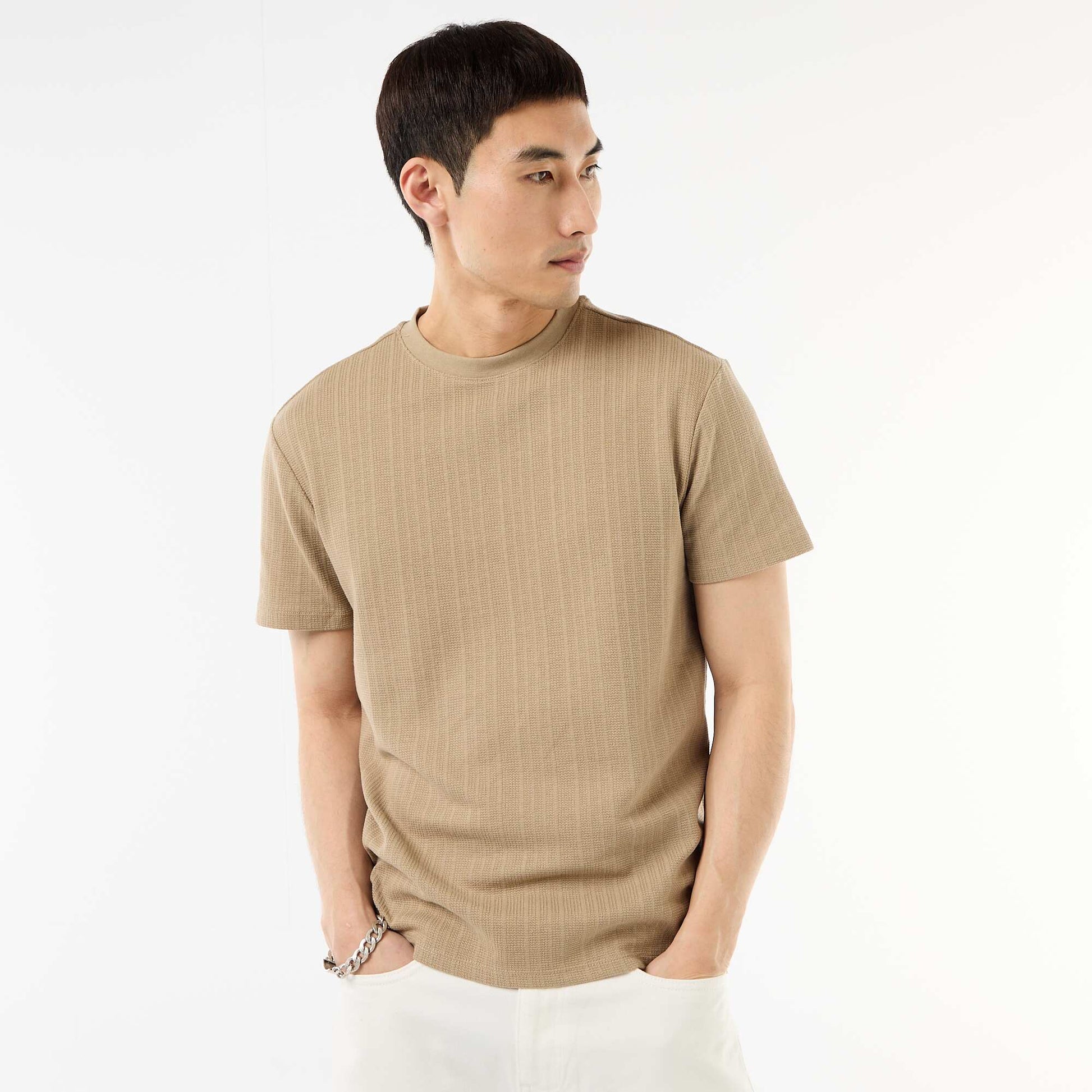 T-shirt uni à manches courtes en maille fantaisie BEIGE
