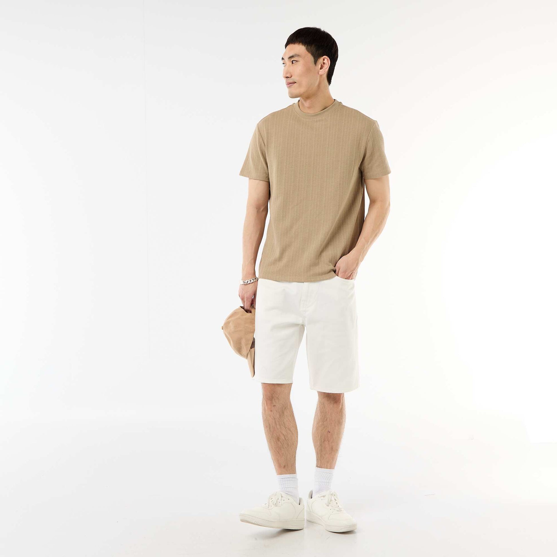 T-shirt uni à manches courtes en maille fantaisie BEIGE
