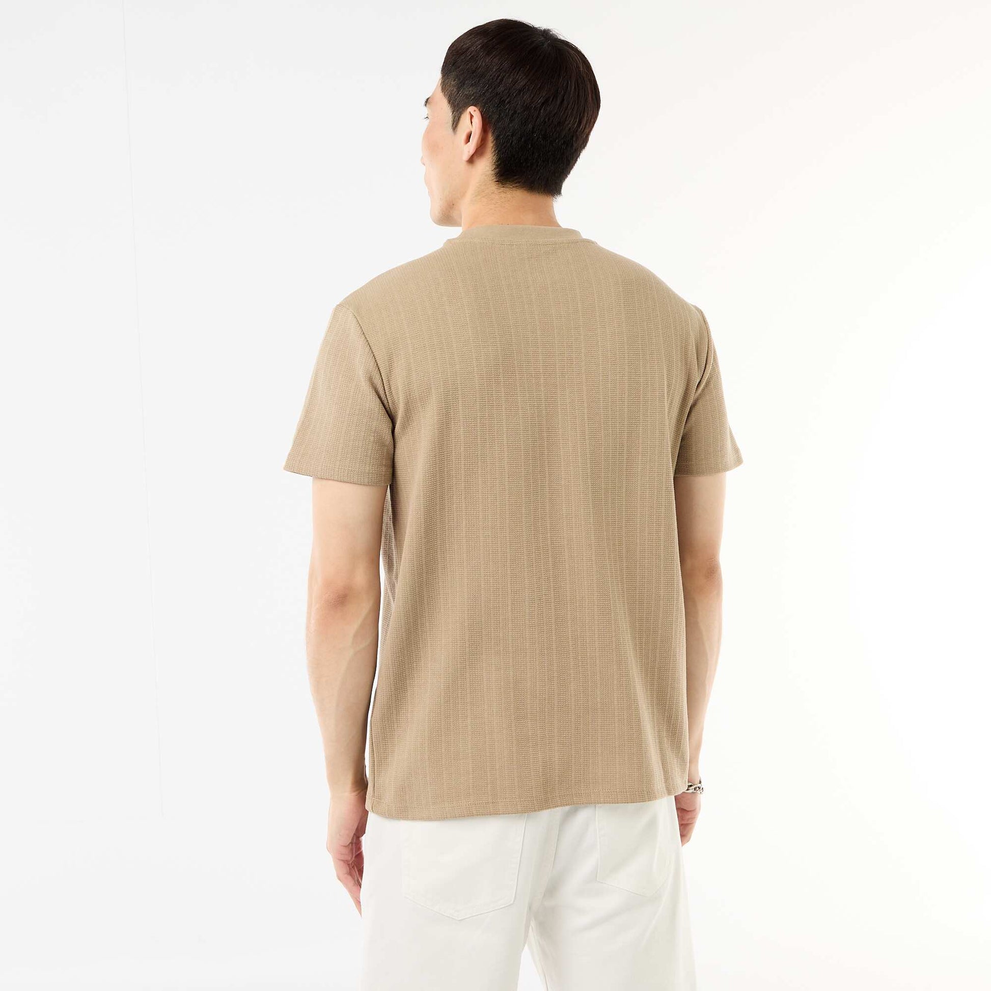T-shirt uni à manches courtes en maille fantaisie BEIGE