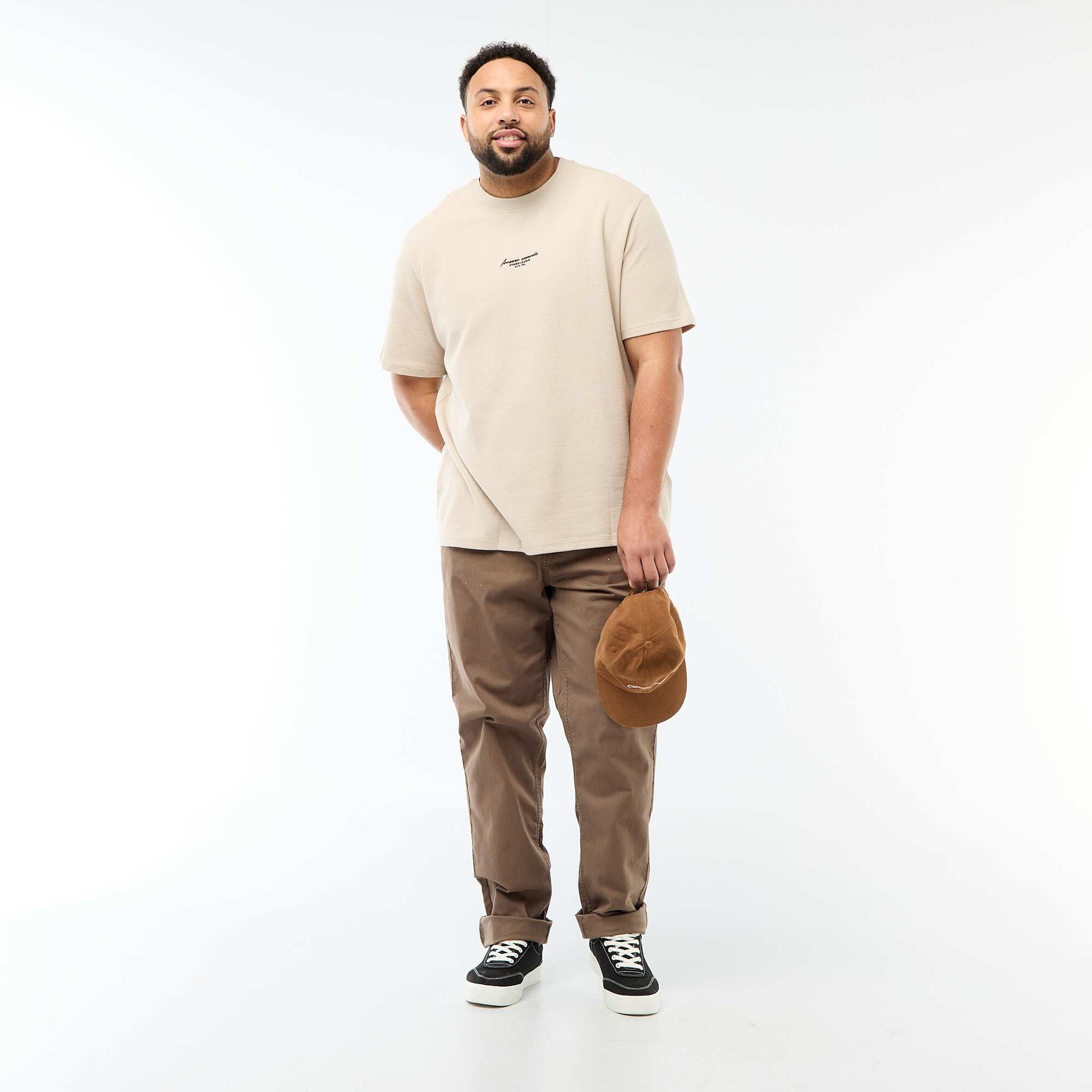T-shirt manches courtes col rond en jacquard coton BEIGE