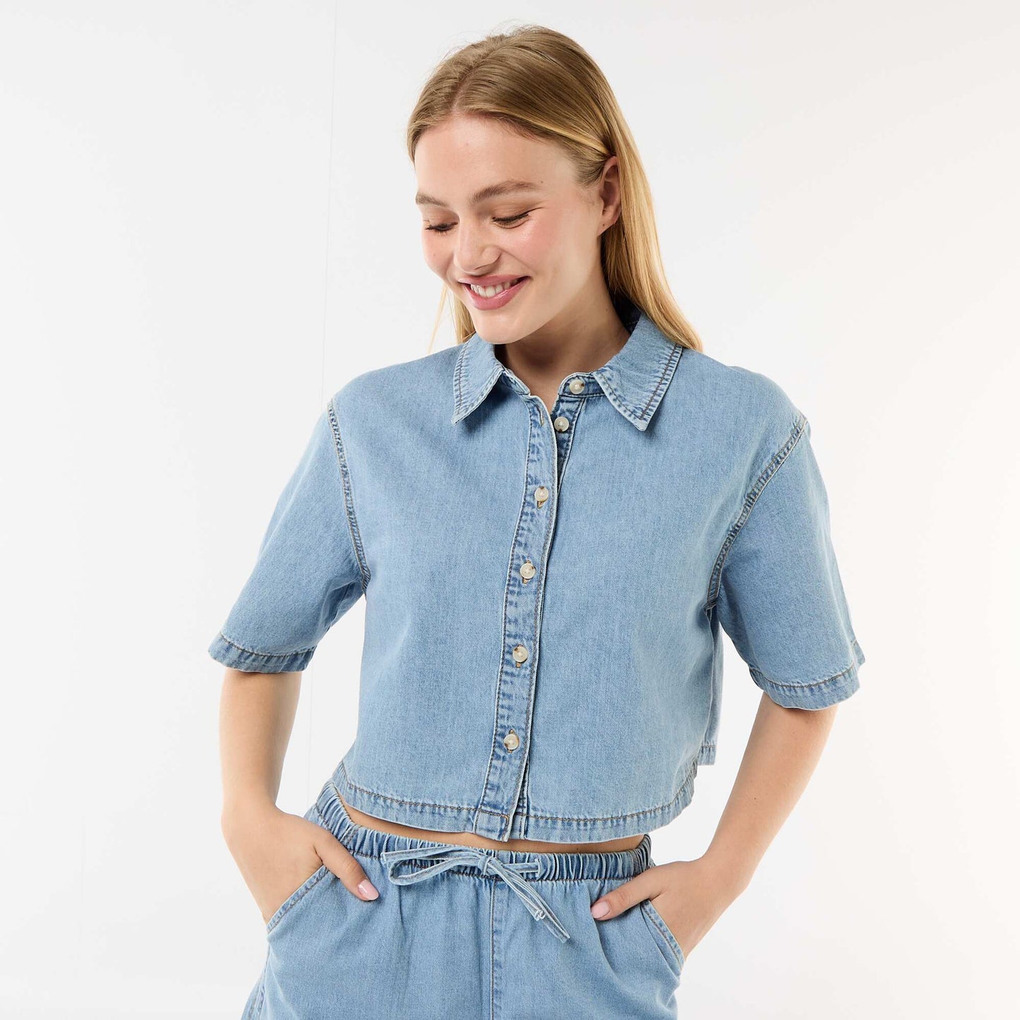 Chemisier en jean avec manches 3/4 BLEU