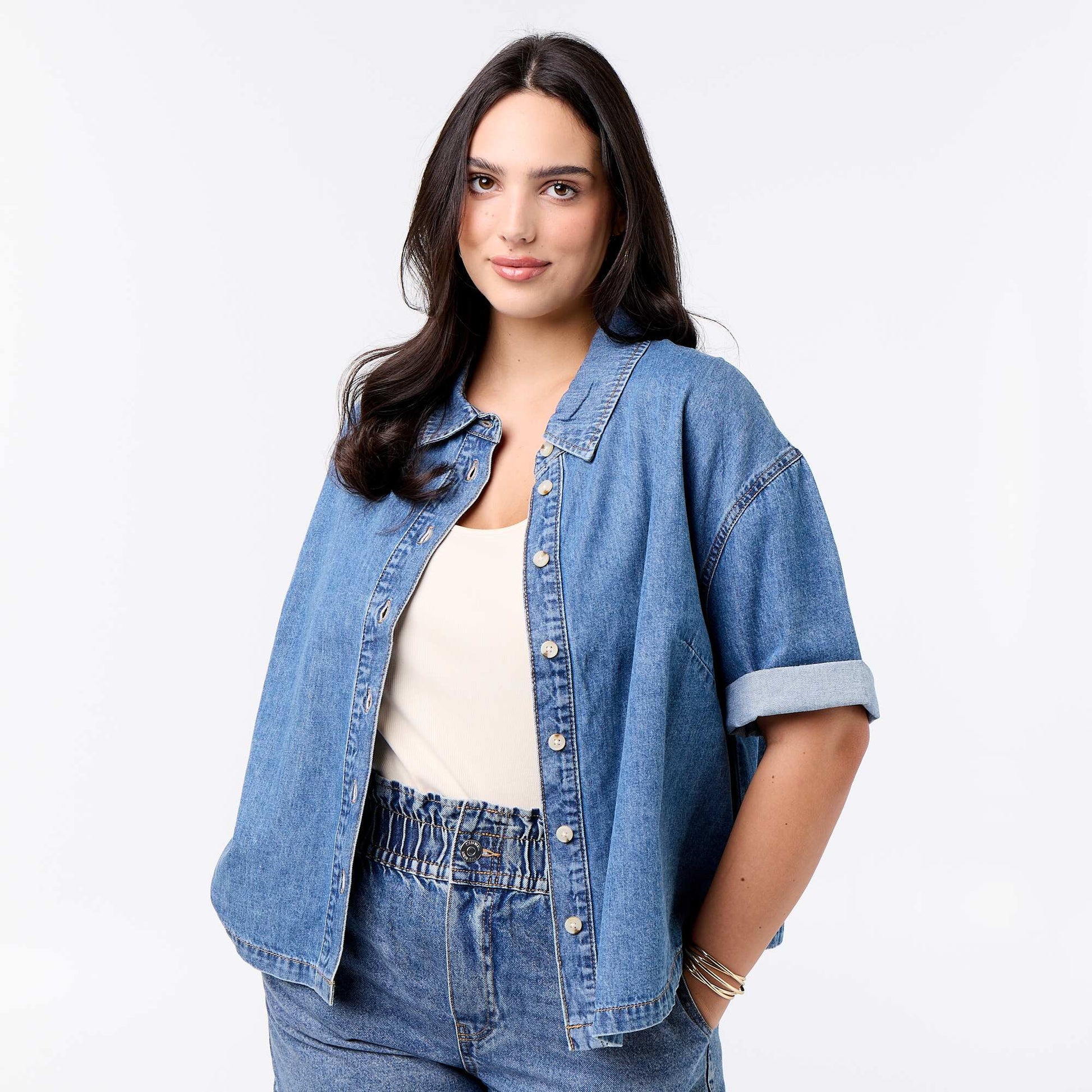 Chemise en jean à manches courtes BLEU