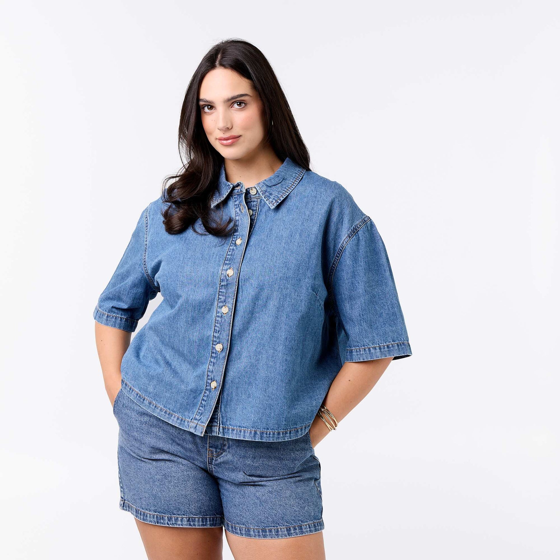 Chemise en jean à manches courtes BLEU