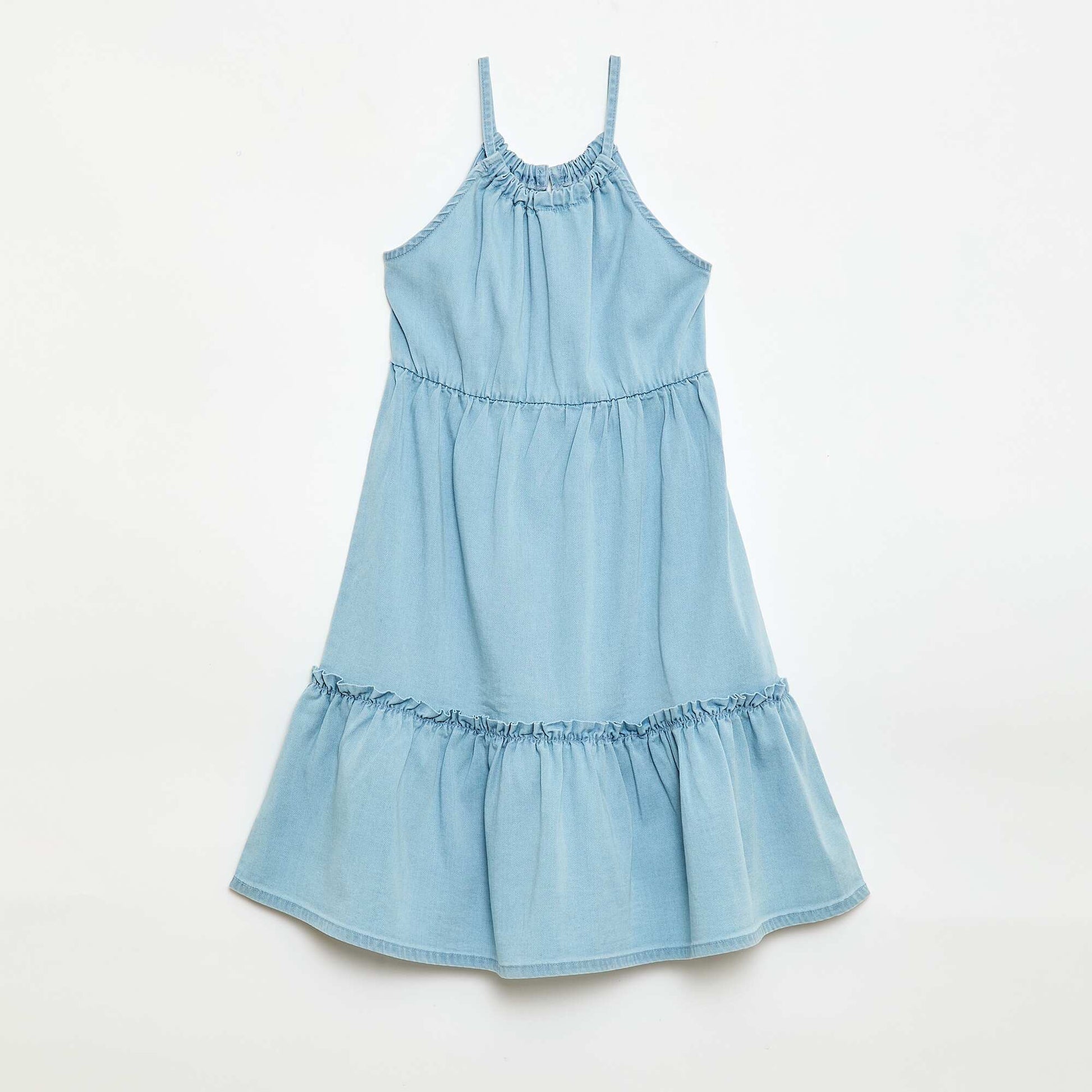 Robe unie à bretelles et volants BLEU