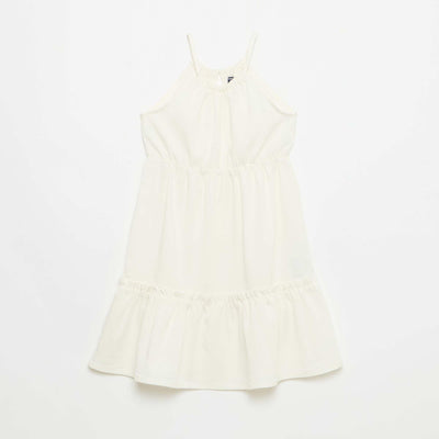 Robe unie à bretelles et volants BEIGE